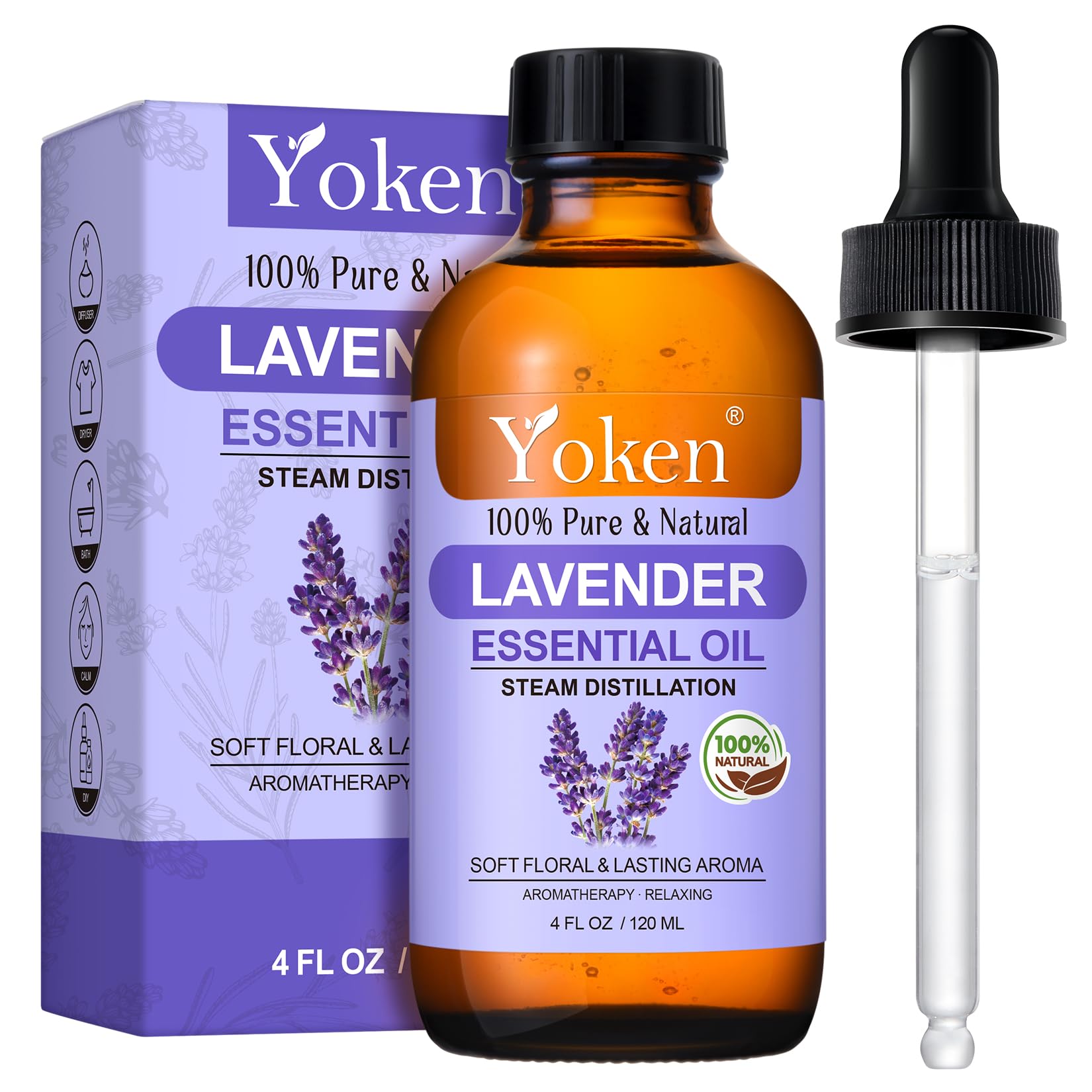 Yoken Lavanda: botella ámbar muestra aroma puro para perfumar ambientes