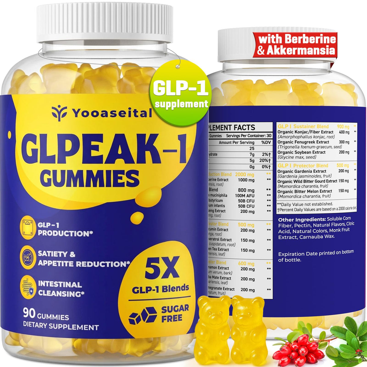 Gomitas Yooaseital GLP-1 en botella frontal para apoyo digestivo y energía