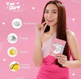 Etiqueta de You Glow Babe muestra ingredientes: glutatión, colágeno, vitamina C y garcinia