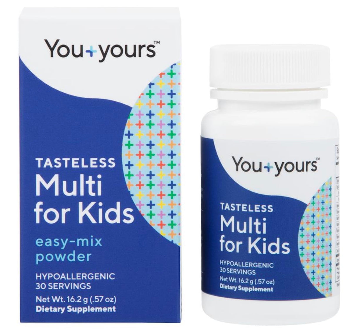 Polvo You+yours sin sabor para niños, se disuelve sin cambiar el sabor.
