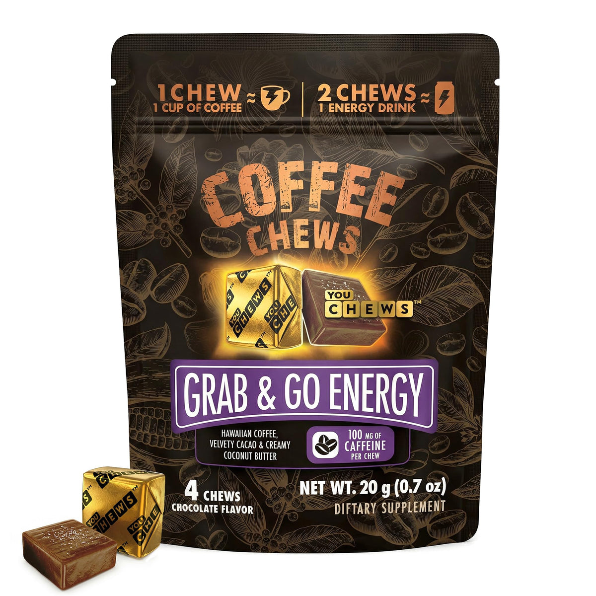 YouChews Coffee Chews, masticables de café para energía sostenida durante el día.
