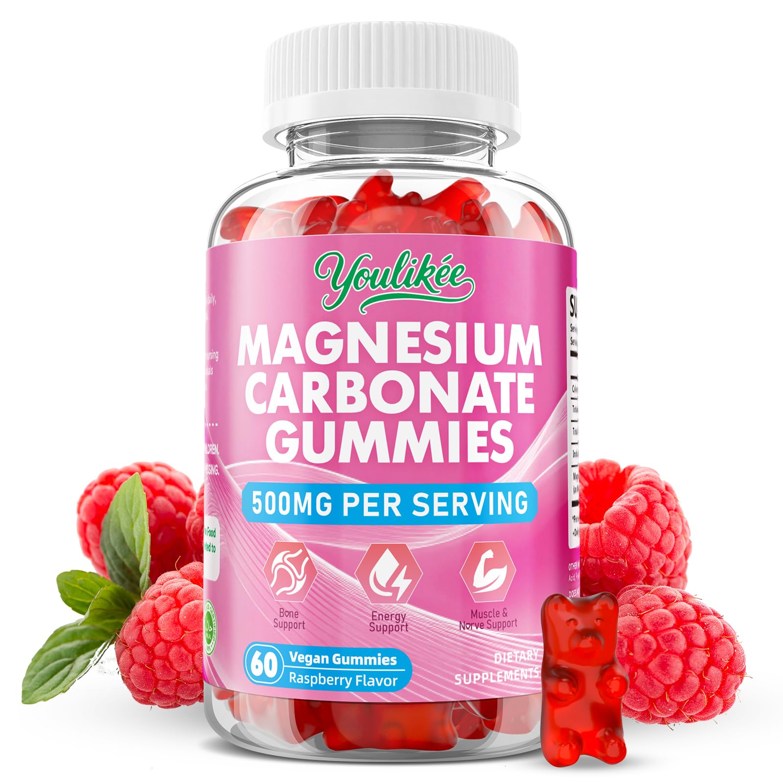 Youlikee gominolas magnesio 500mg frambuesa, sabor agradable para consumo diario.