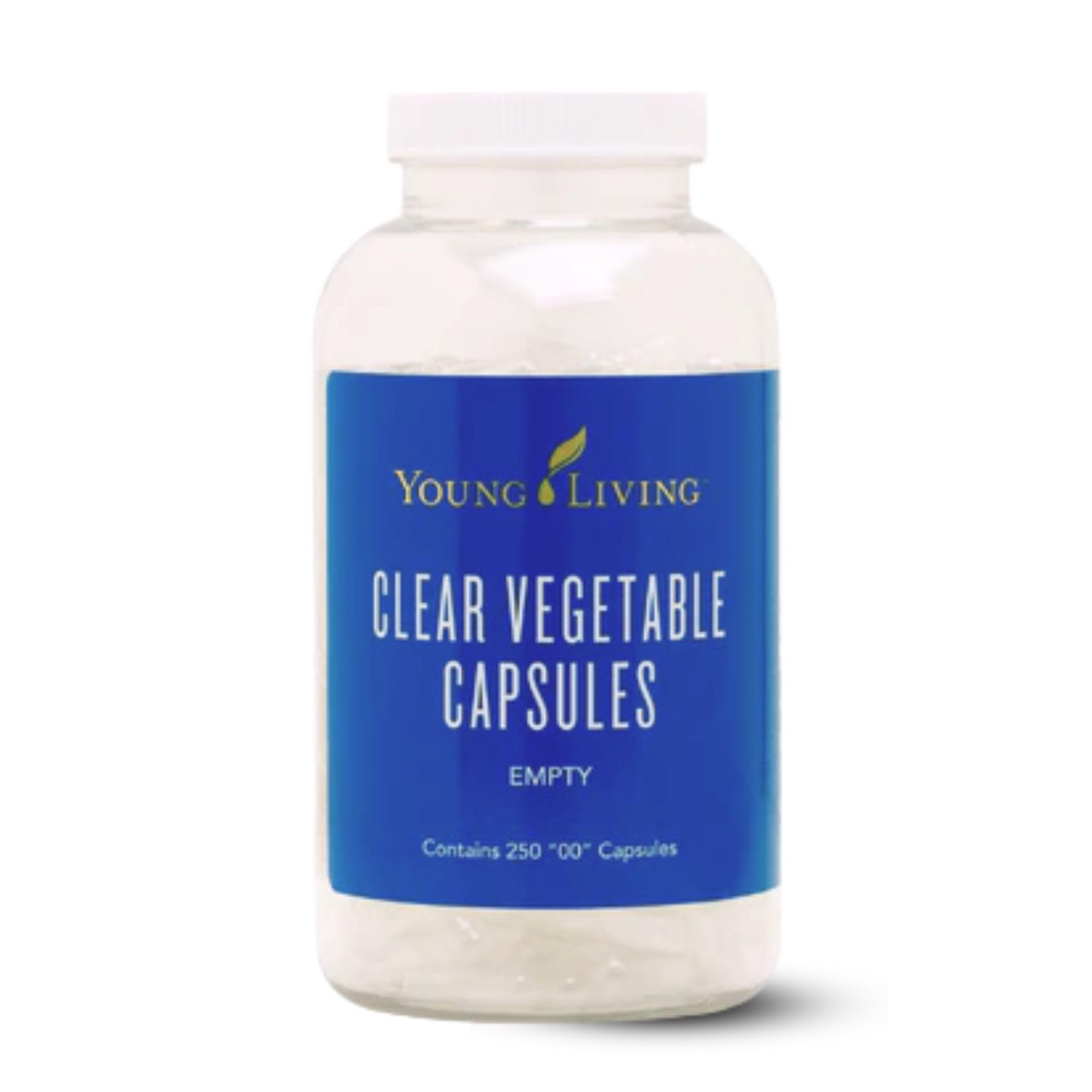 Young Living Cápsulas Vegetales Transparentes de 250, aptas para veganos y sin OGM.
