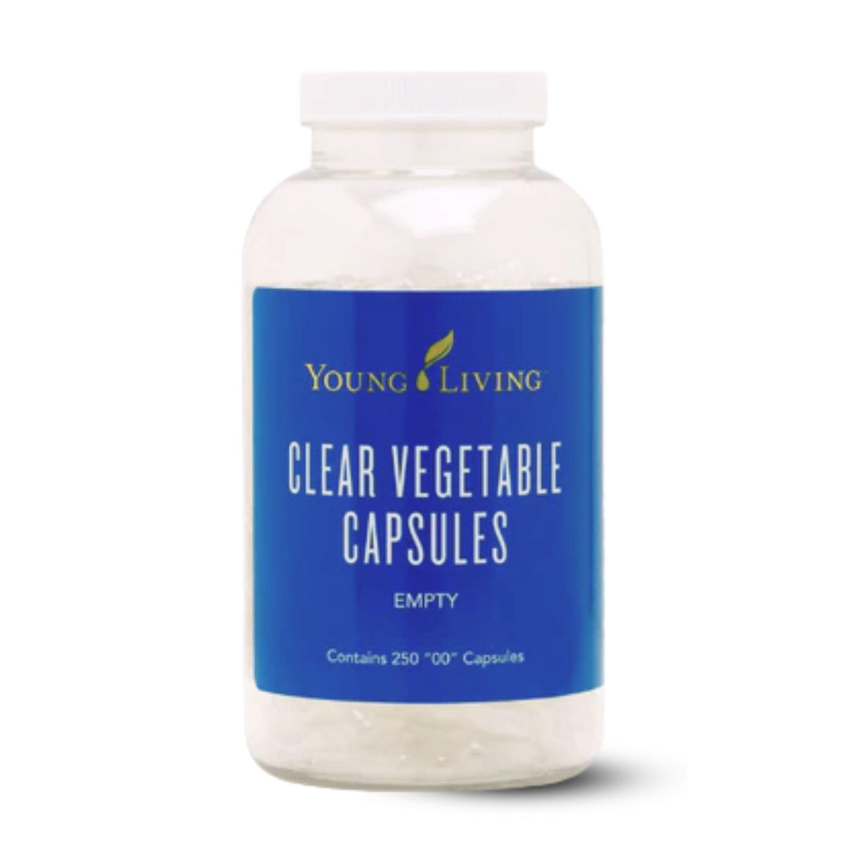 Young Living Cápsulas Vegetales Transparentes de 250, aptas para veganos y sin OGM.
