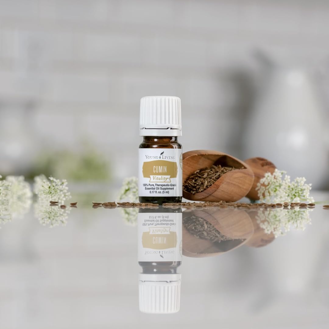 Young Living Cumin Vitality: aroma terroso en primer plano.