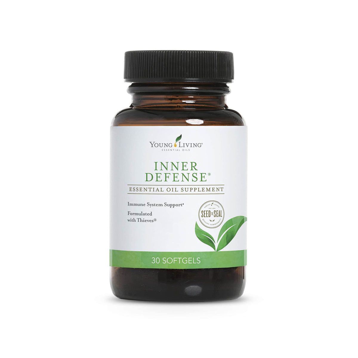 Young Living Defensa Interna, botella derramando, aroma herbáceo para apoyo diario.