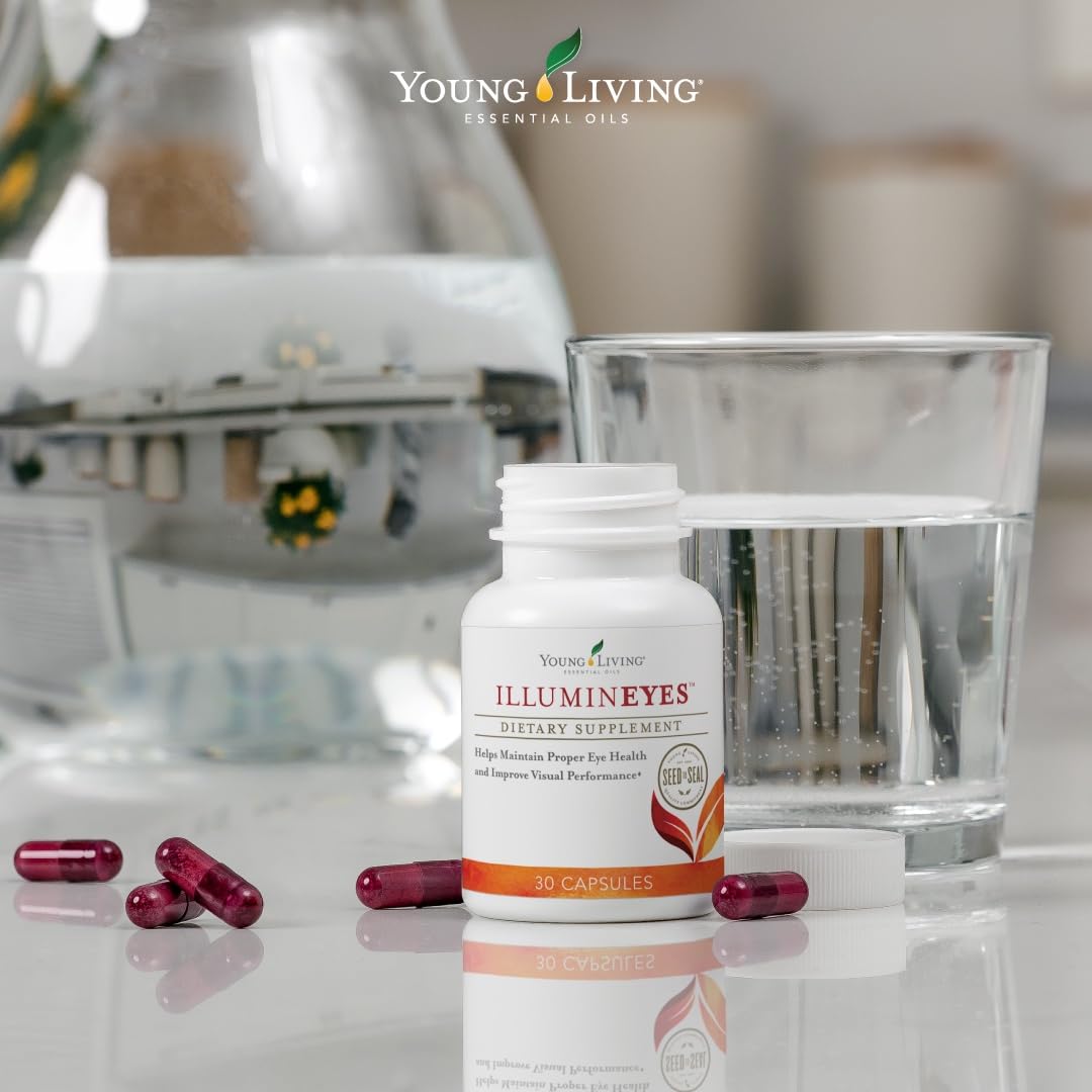 Young Living IlluminEyes frasco de cápsulas visto de frente para uso diario.