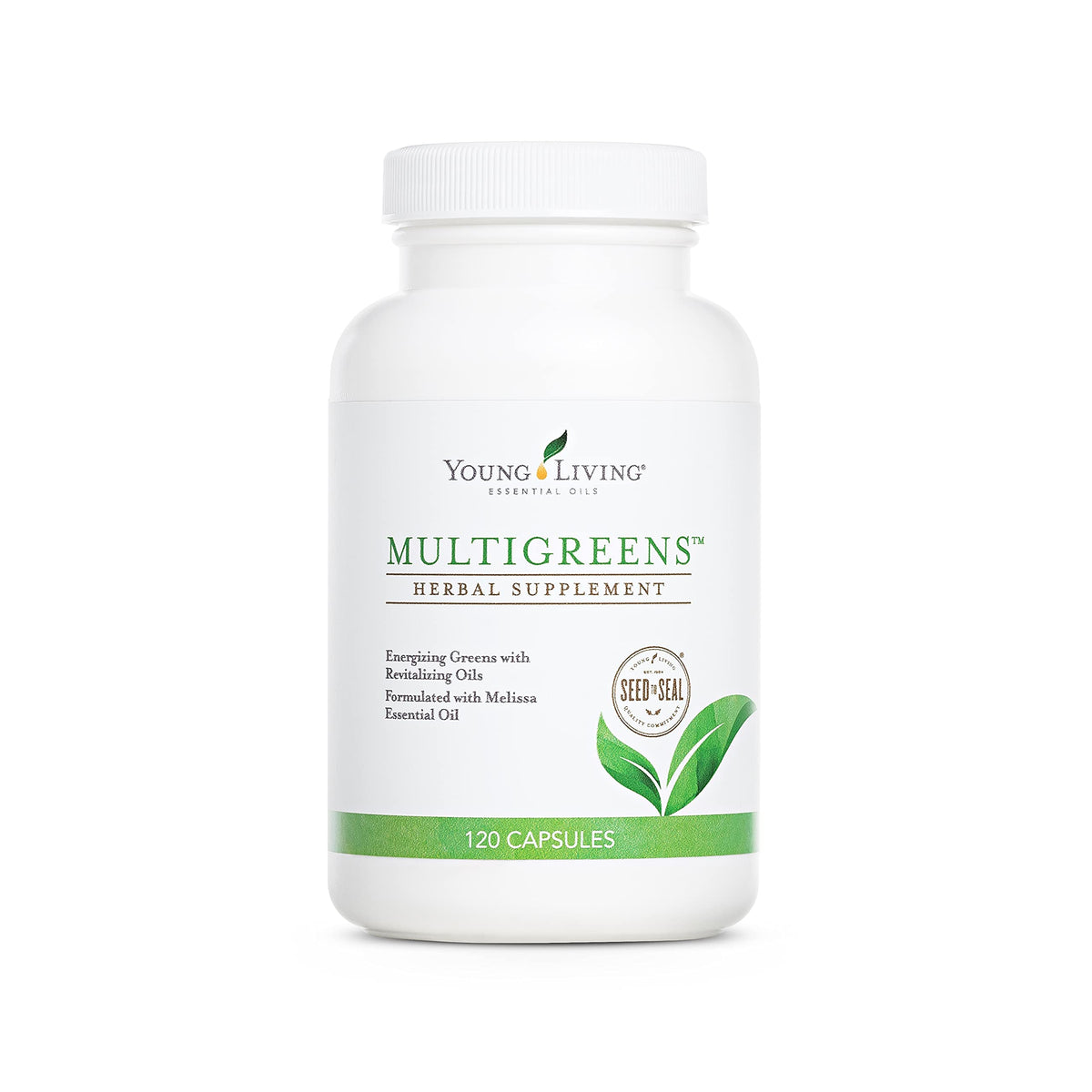 Young Living Multigreens: cápsulas para energía diaria y nutrición.