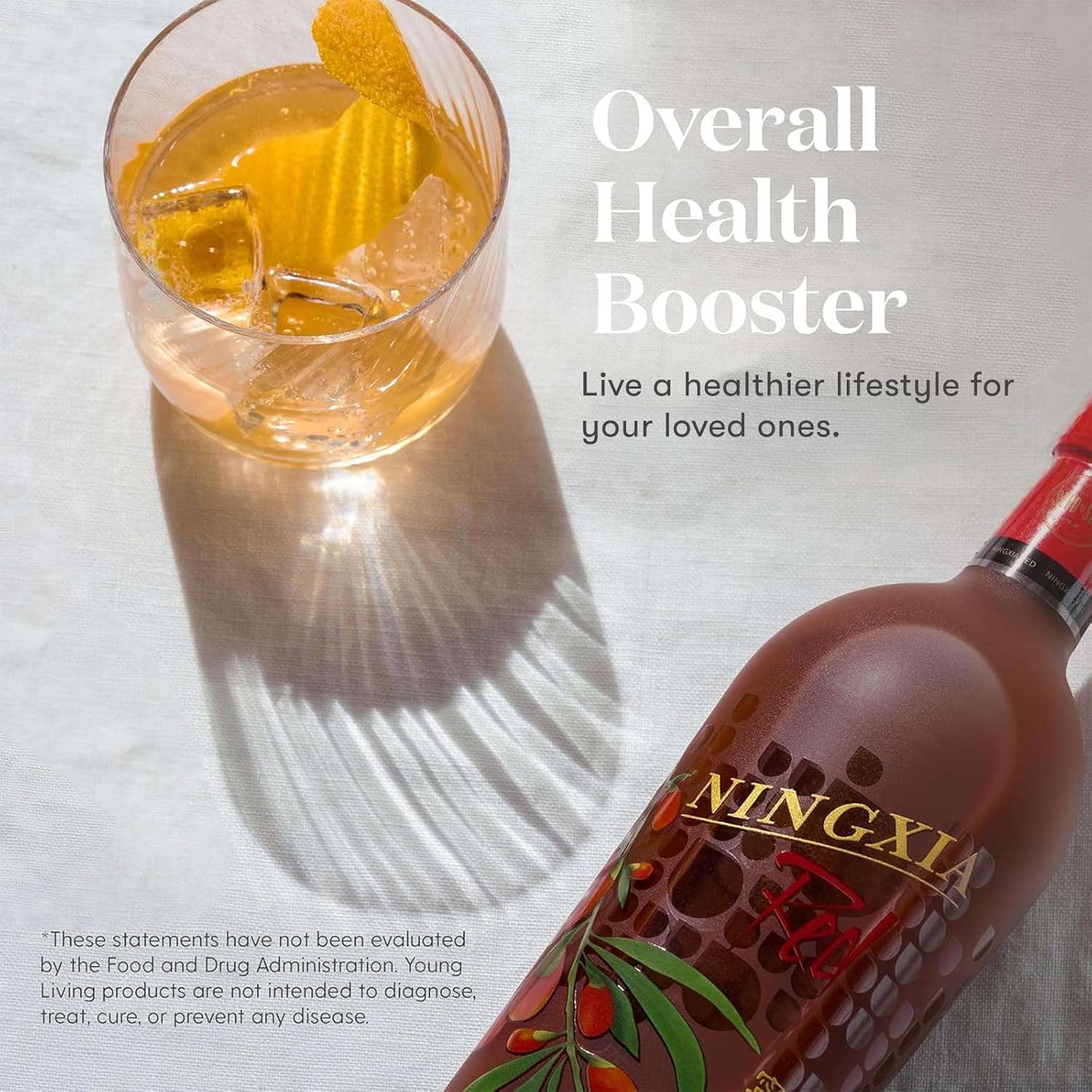 NingXia Red, etiqueta cercana, información clara de ingredientes y perfil antioxidante.