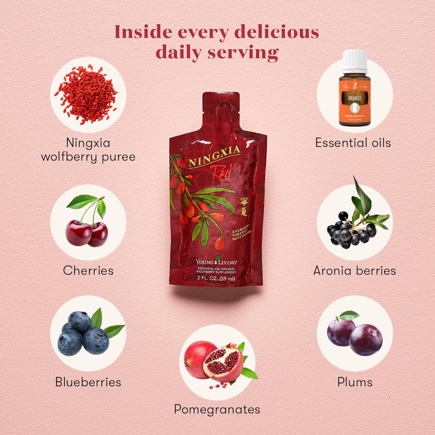 Vaso con NingXia Red, sabor afrutado y refrescante.