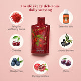Vaso con NingXia Red, sabor afrutado y refrescante.