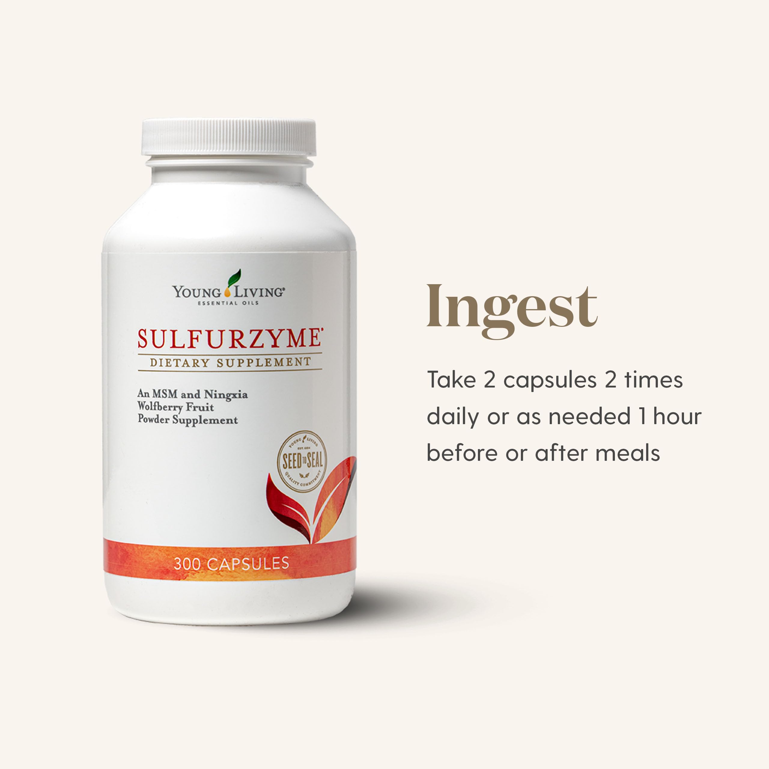Young Living Sulfurzyme etiqueta-ingredientes: mezcla MSM y goji para nutrición diaria.