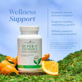 Young Living Super C tabletas visibles en un vaso, fácil de comer.