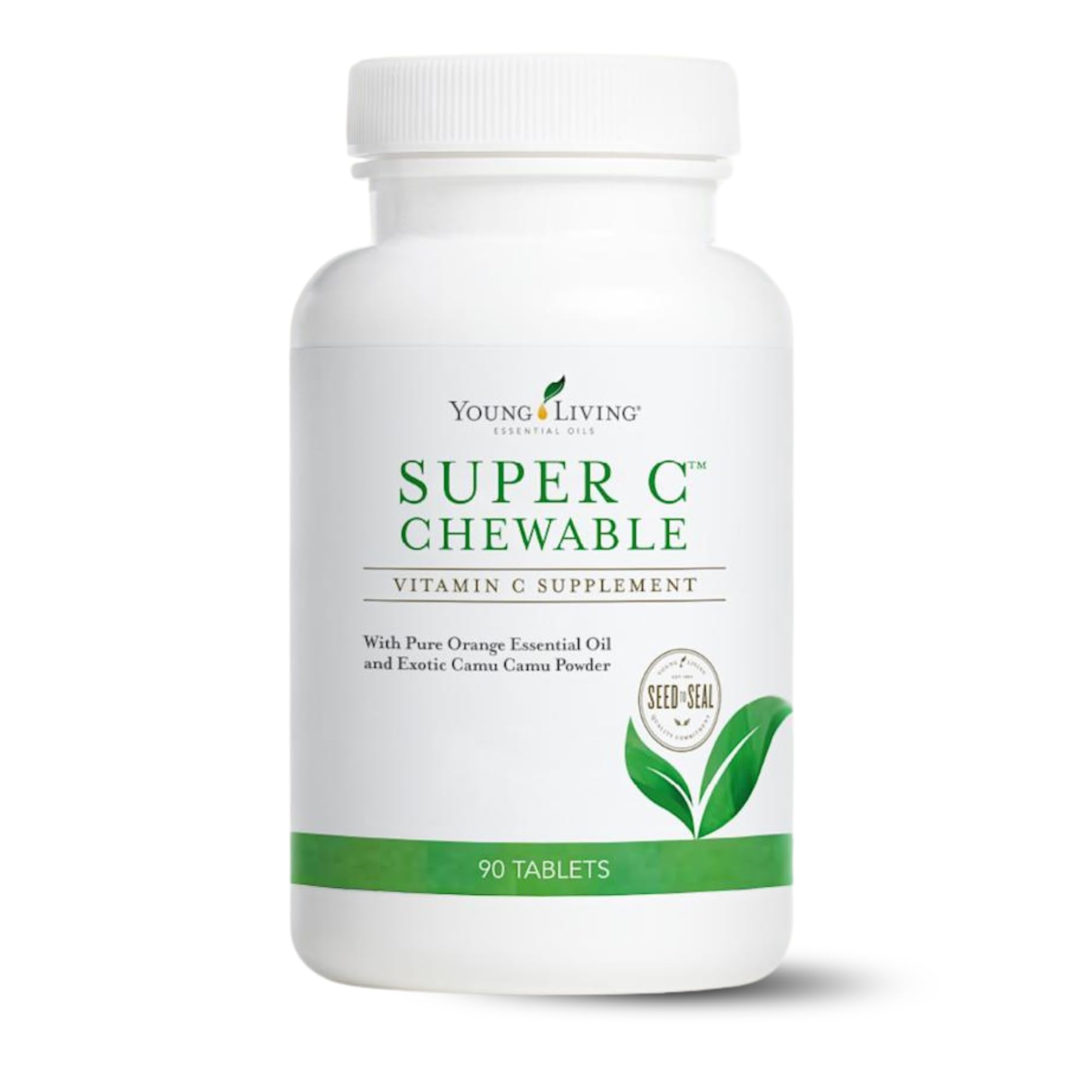 Young Living Super C tabletas masticables con sabor frutal, ideal para la rutina diaria.