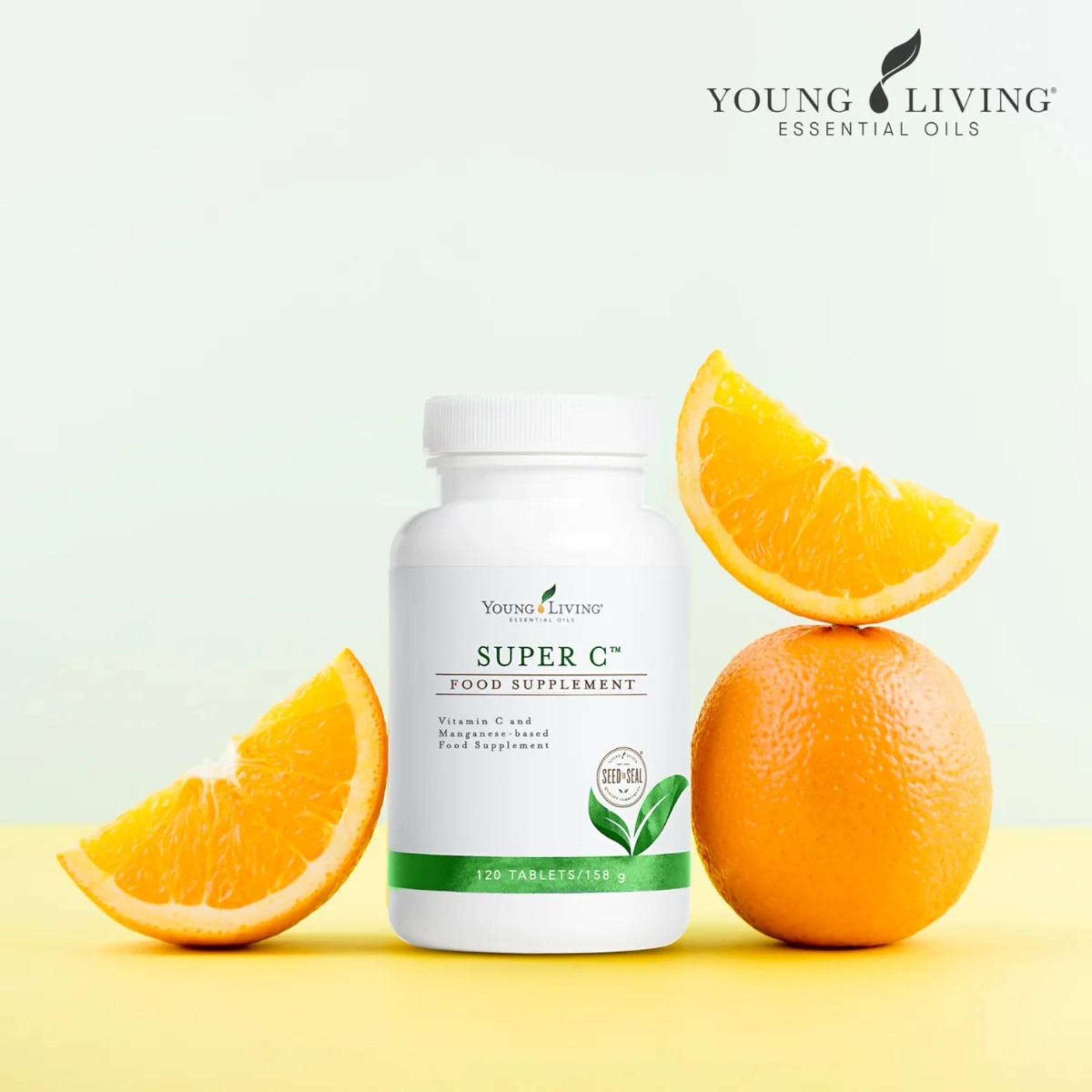 Young Living Super C Tabletas con mezcla de aceites esenciales para aroma suave.