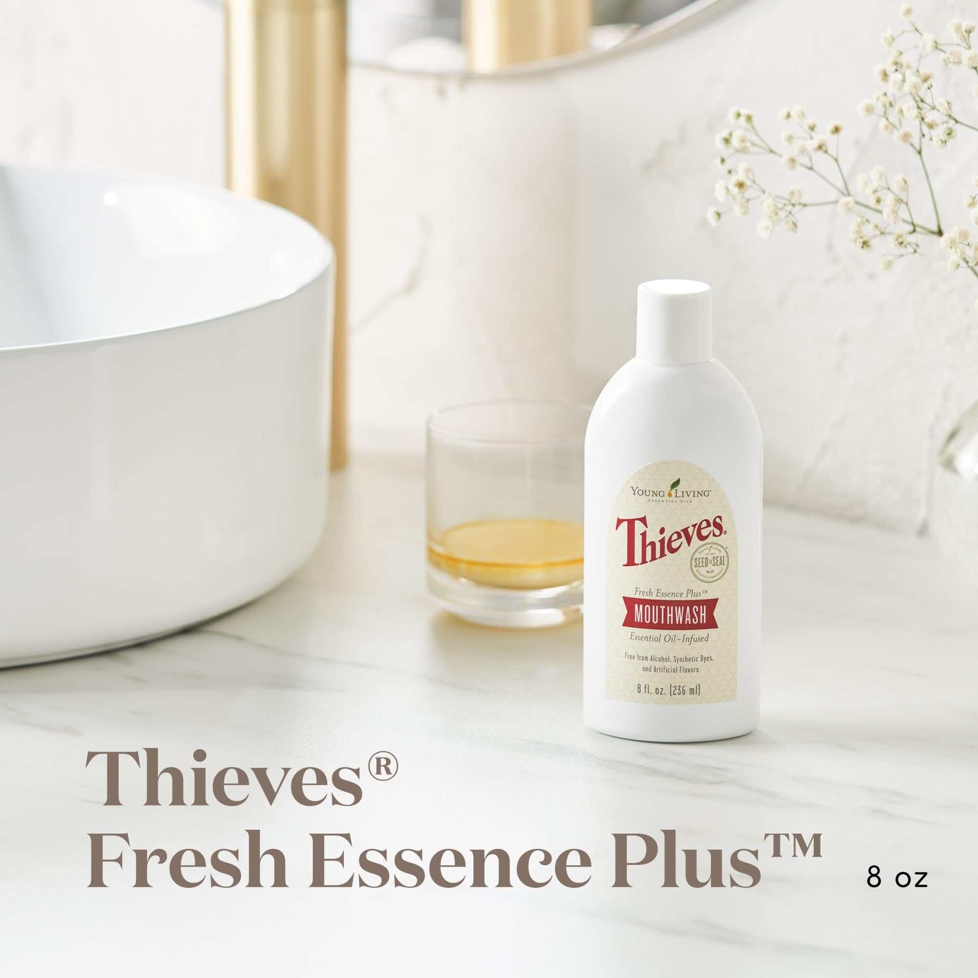 Young Living Thieves Fresh Essence etiqueta frontal que destaca aceites esenciales para cuidado bucal.