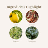Mezcla de ingredientes Thieves: clavo, eucalipto, romero, canela y limón.