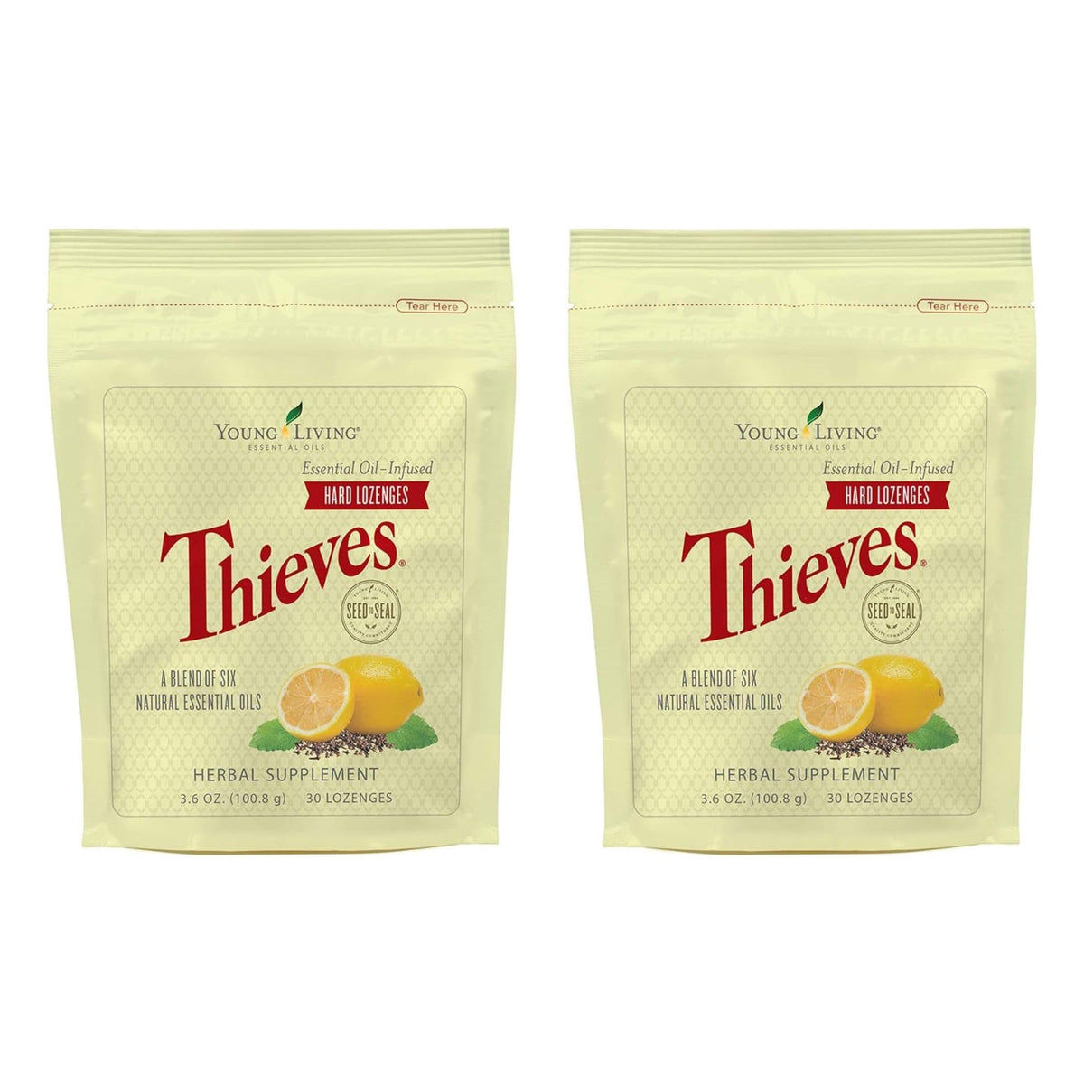 Pastillas duras Thieves de Young Living, sabor limón-mentol, empaque práctico para llevar.