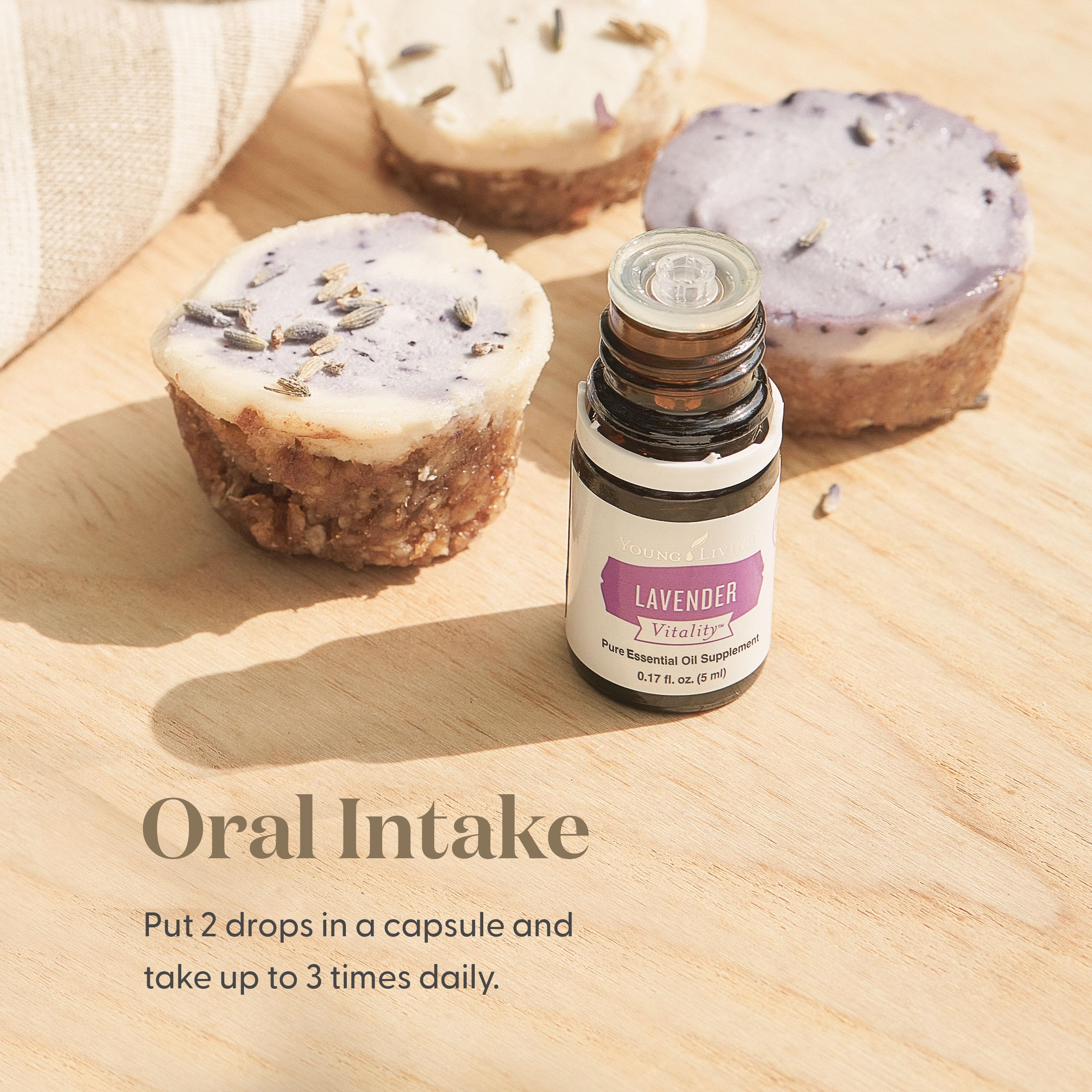 Young Living Vitality Lavanda: frasco, aroma calmante para tés y sirope casero.