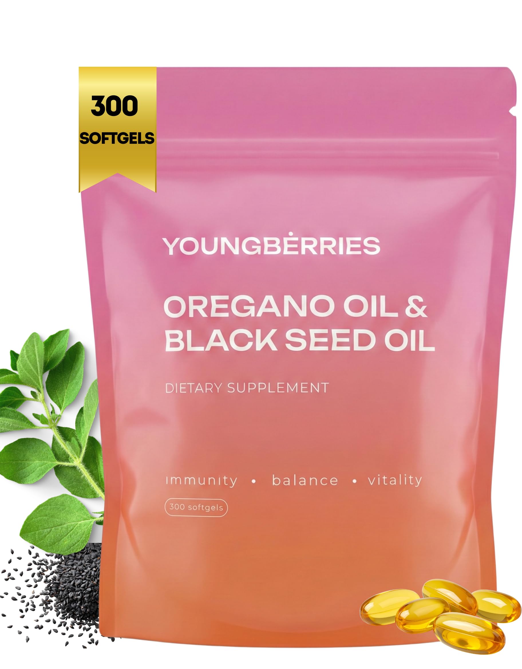 YOUNGBERRIES Aceite de oregano en cápsulas suaves para uso diario cómodo.