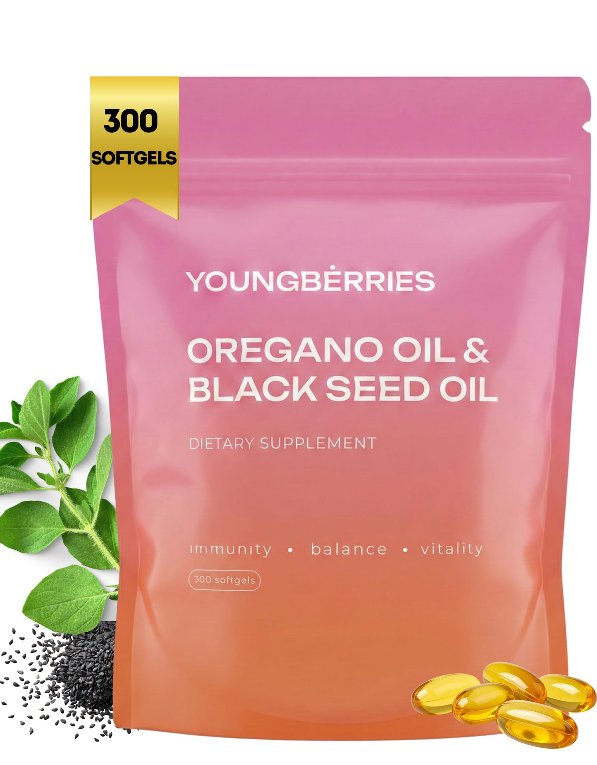 YOUNGBERRIES Aceite de oregano en cápsulas suaves para uso diario cómodo.