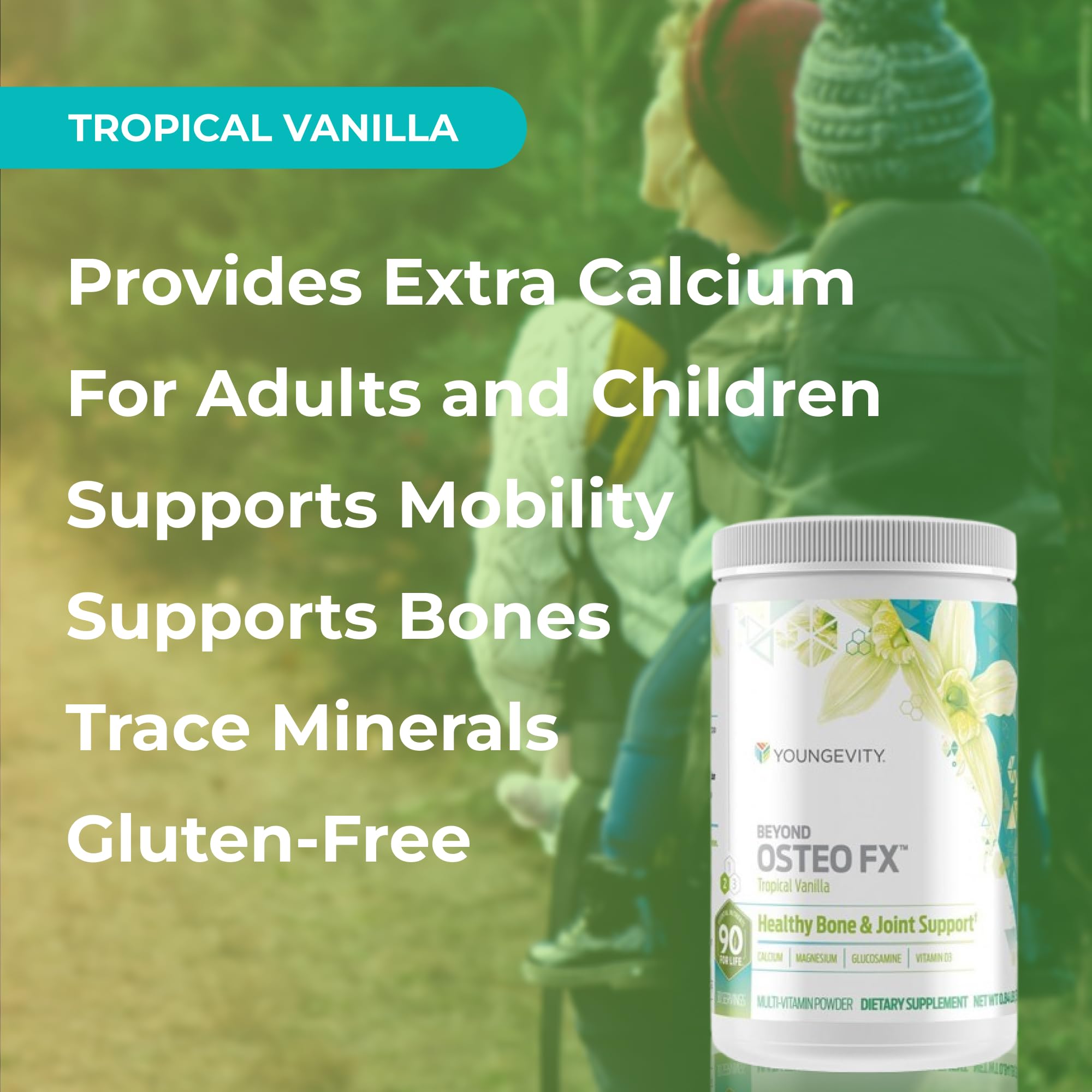 Etiqueta nutricional de Osteo FX con calcio y vitaminas para apoyar.