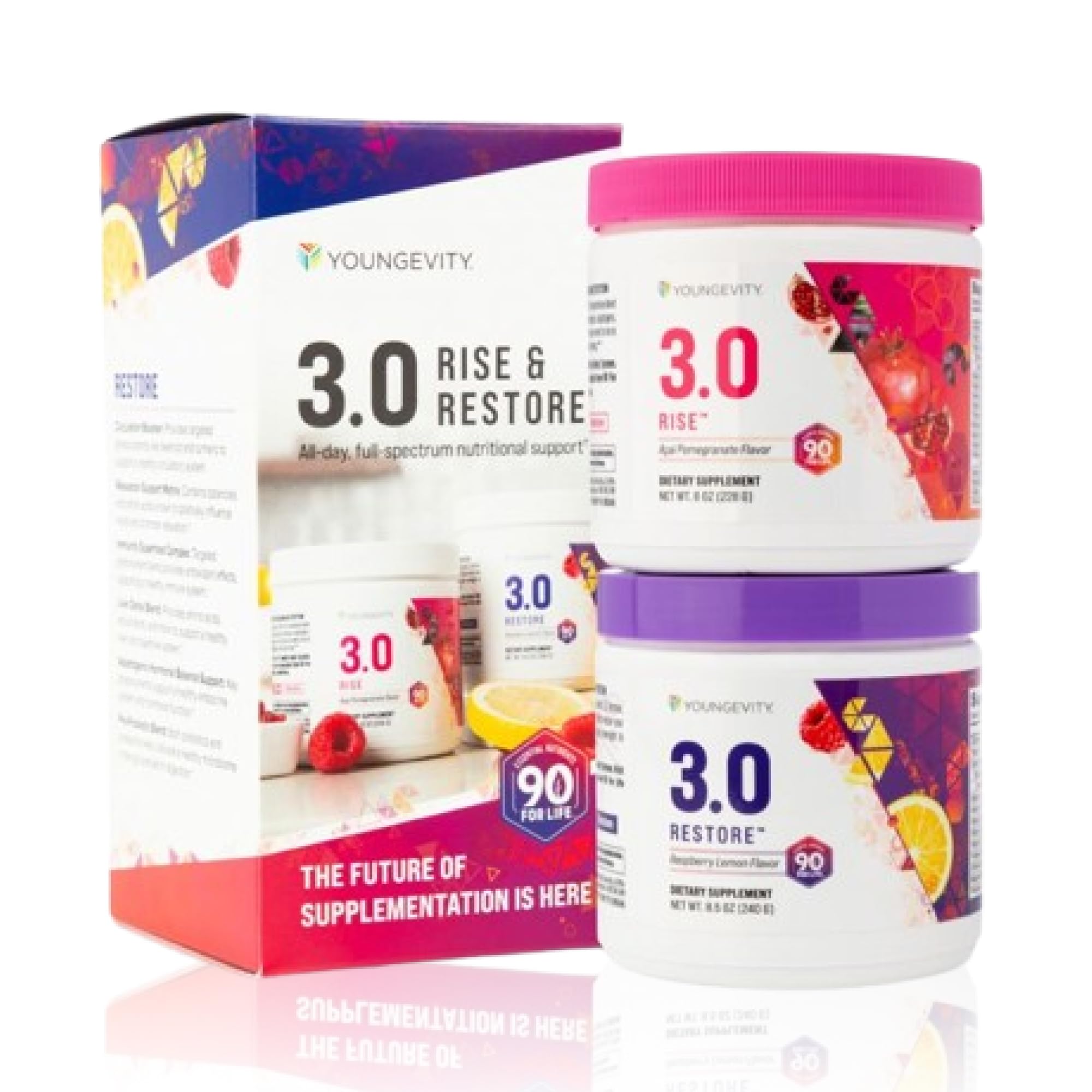 Youngevity Beyond Tangy Tangerine 3.0 Rise & Restore frasco energético para uso diario.