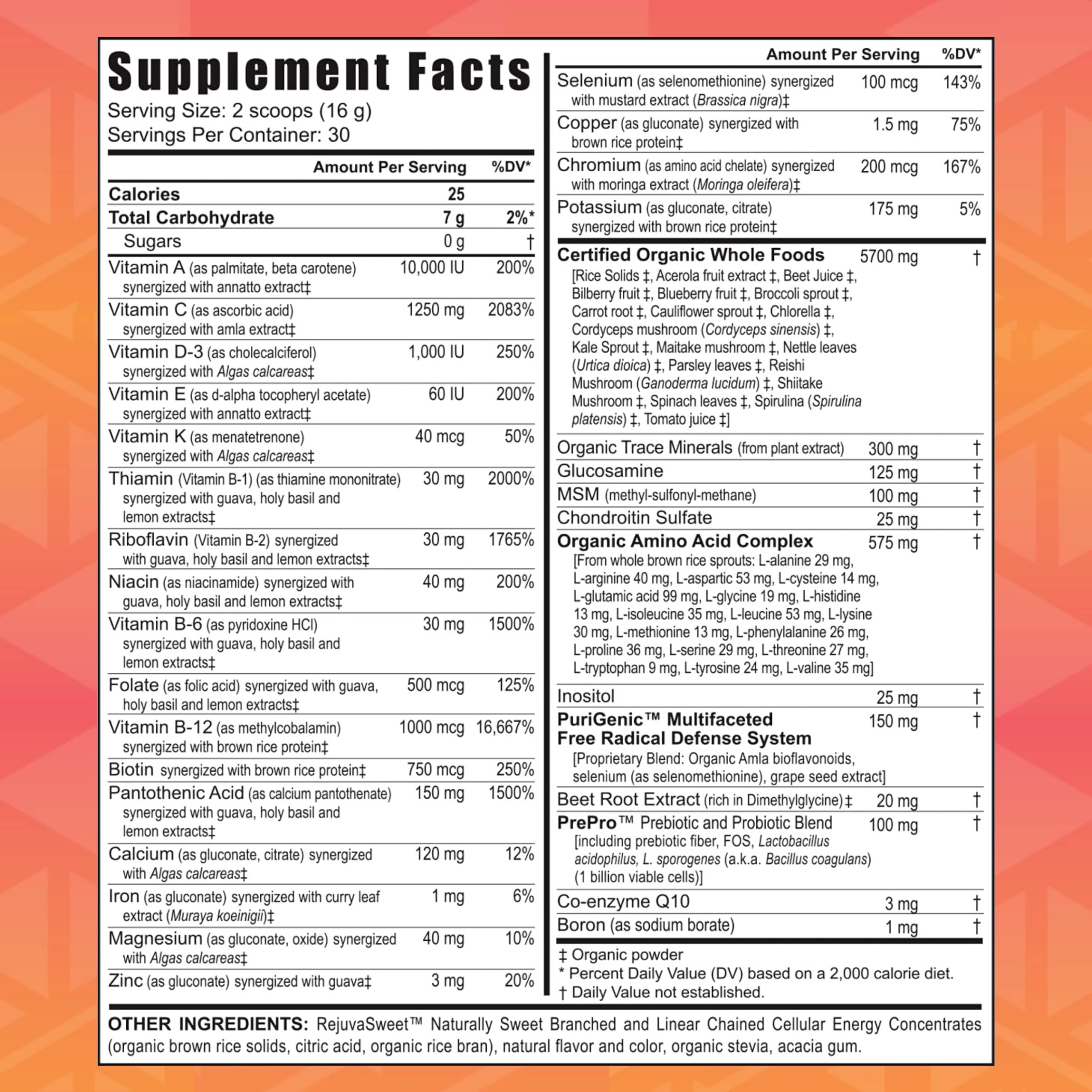 Etiqueta de Youngevity Beyond Tangy Tangerine 2.0 con ingredientes naturales.