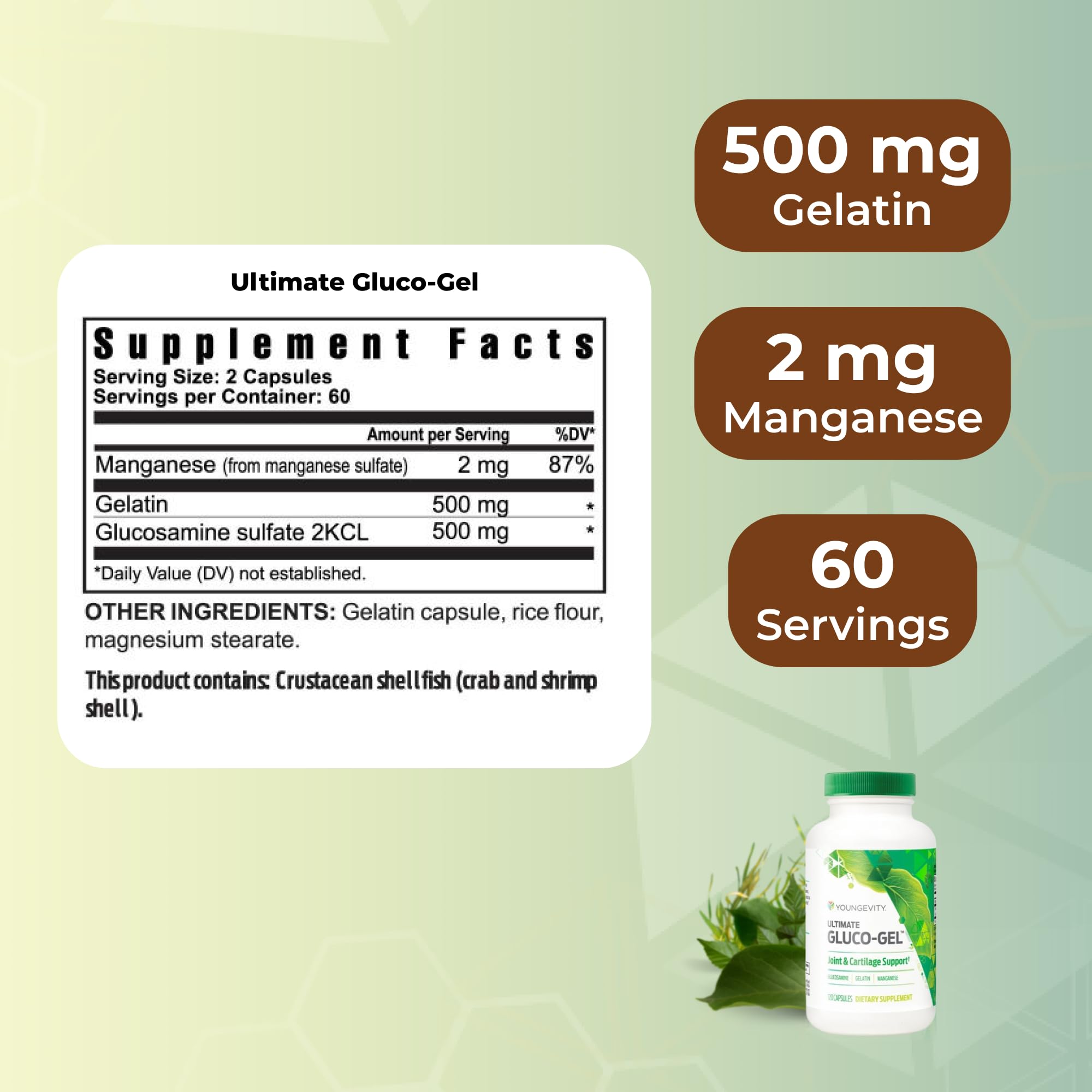 Youngevity Gluco-Gel: etiqueta clara con glucosamina y manganeso