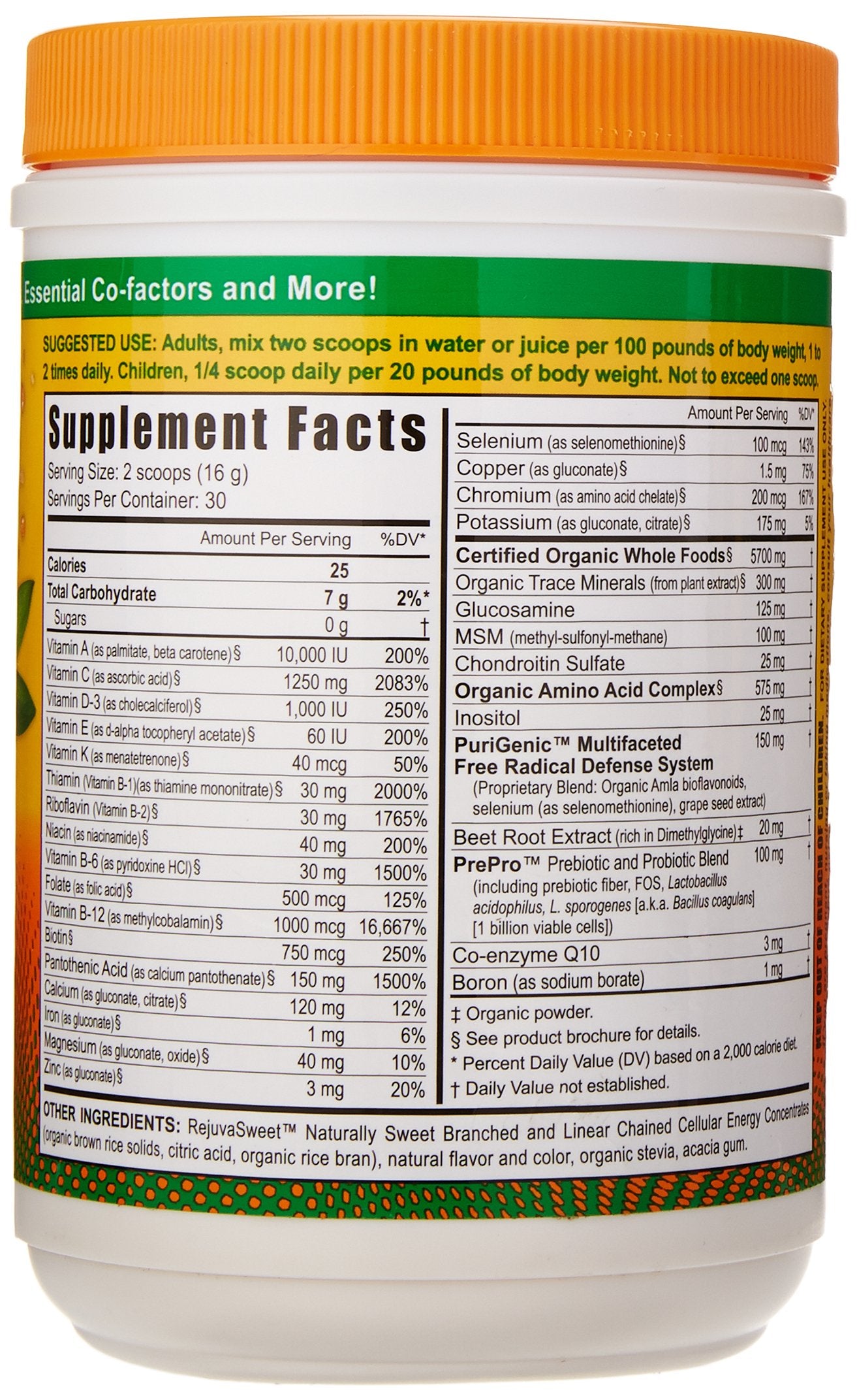 Youngevity Más Allá de la Naranja Ácida 2.0 etiqueta clara con información de nutrientes