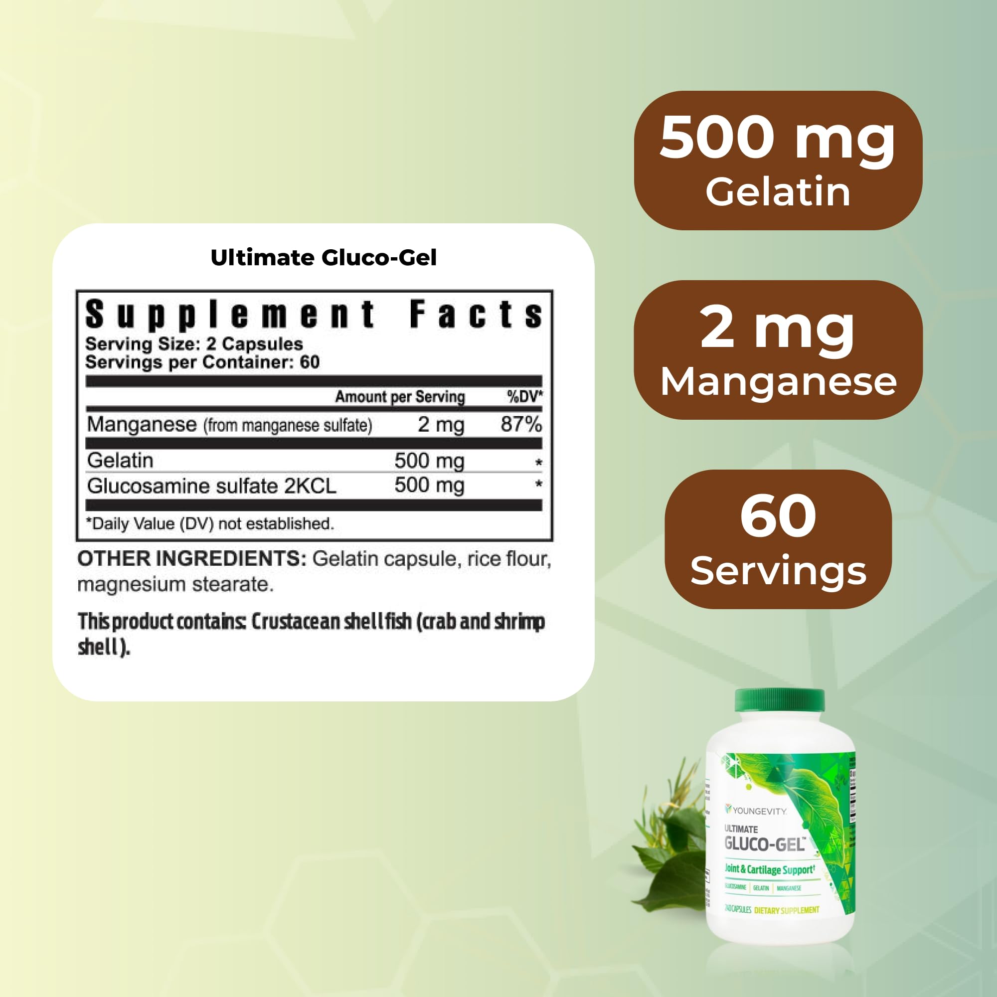 Close-up de capsulas de Youngevity Ultimate Gluco Gel, apoyo articular