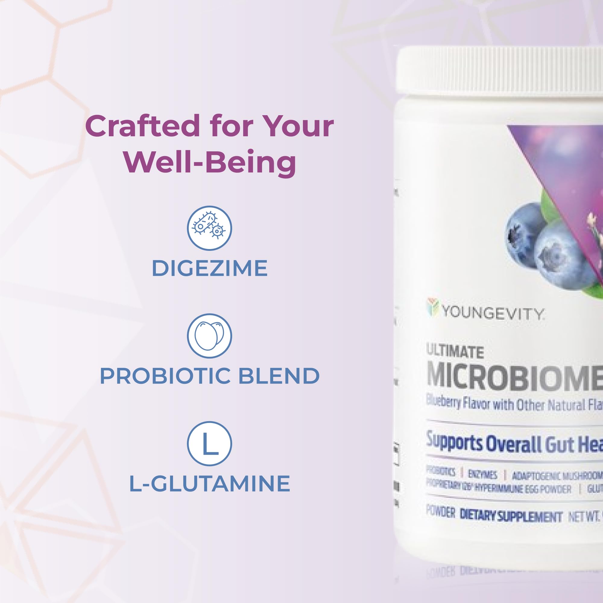 Youngevity Ultimate Microbiome: complejo enzimático DigeZyme para mejor absorción de nutrientes.