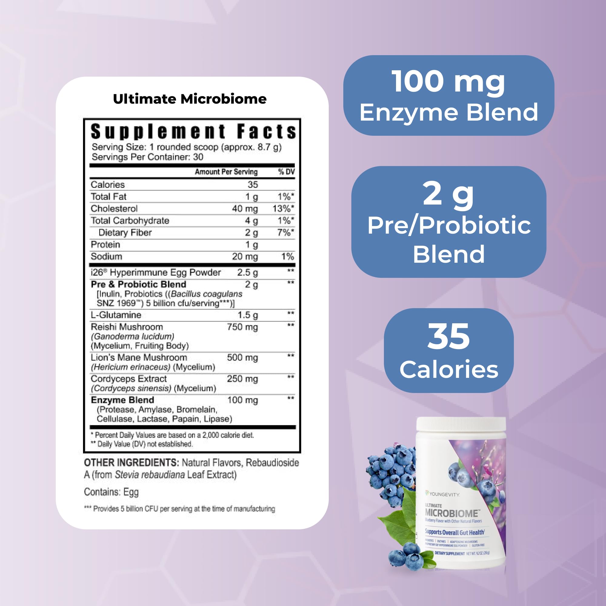 Youngevity Ultimate Microbiome: mezcla probiótica de 50 mil millones UFC para soporte digestivo.