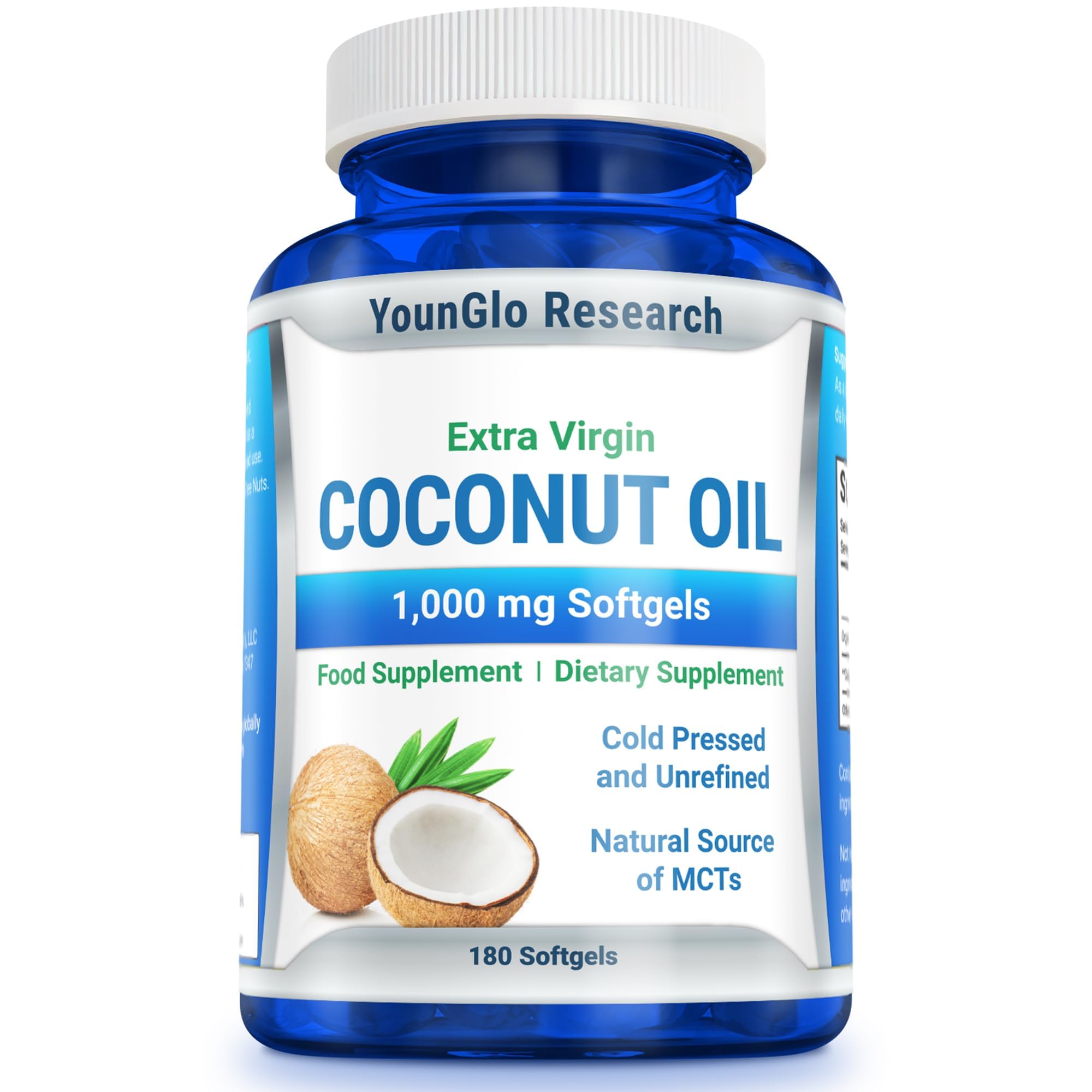 YounGlo Research Aceite de Coco 1000 mg, vertido de la botella para uso diario