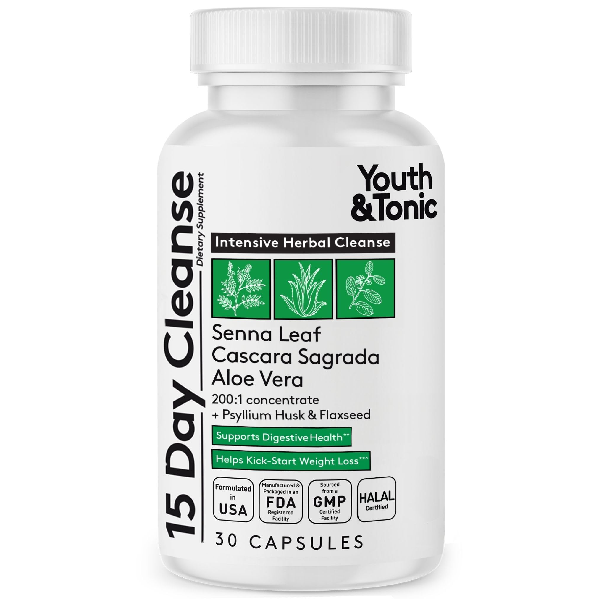 Youth & Tonic envase de 30 cápsulas, fácil de incorporar a la rutina diaria para limpieza intestinal