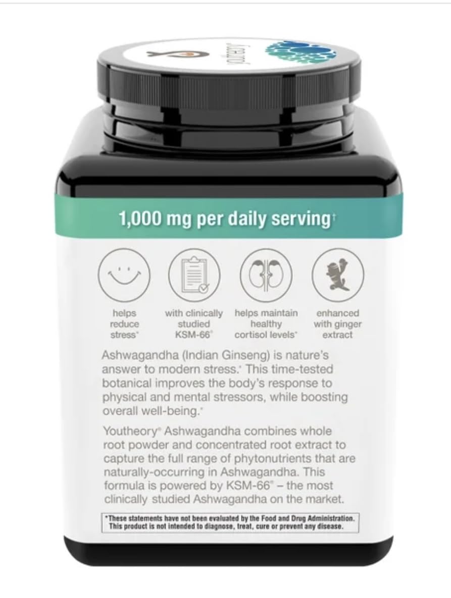 Etiqueta de Youtheory Ashwagandha destaca KSM-66 y perfil de ingredientes para rendimiento diario.