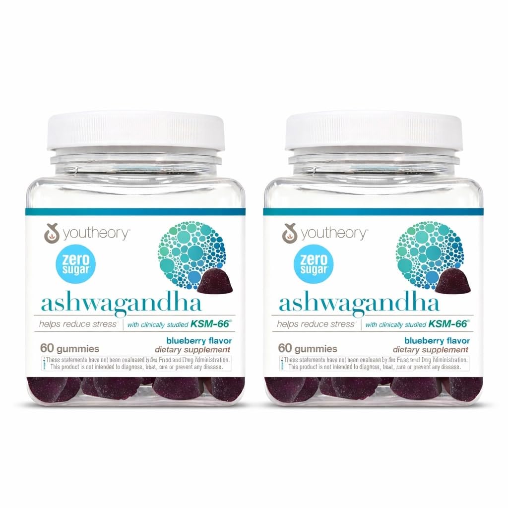 Youtheory Ashwagandha gomitas en frasco azul para energía suave y equilibrio diario