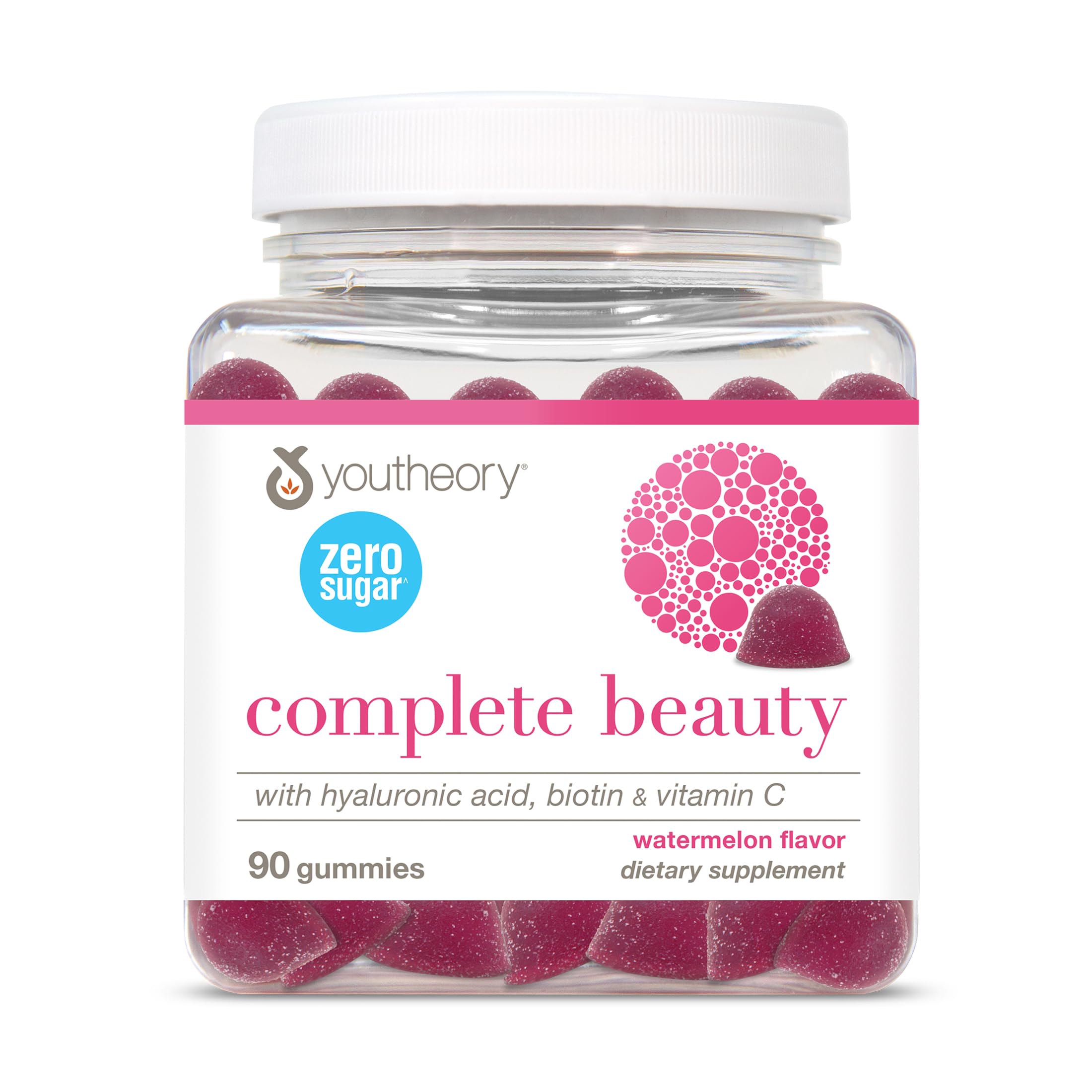 Gomitas de belleza Youtheory, empaque frontal, ideal para rutina diaria de cuidado de la piel.