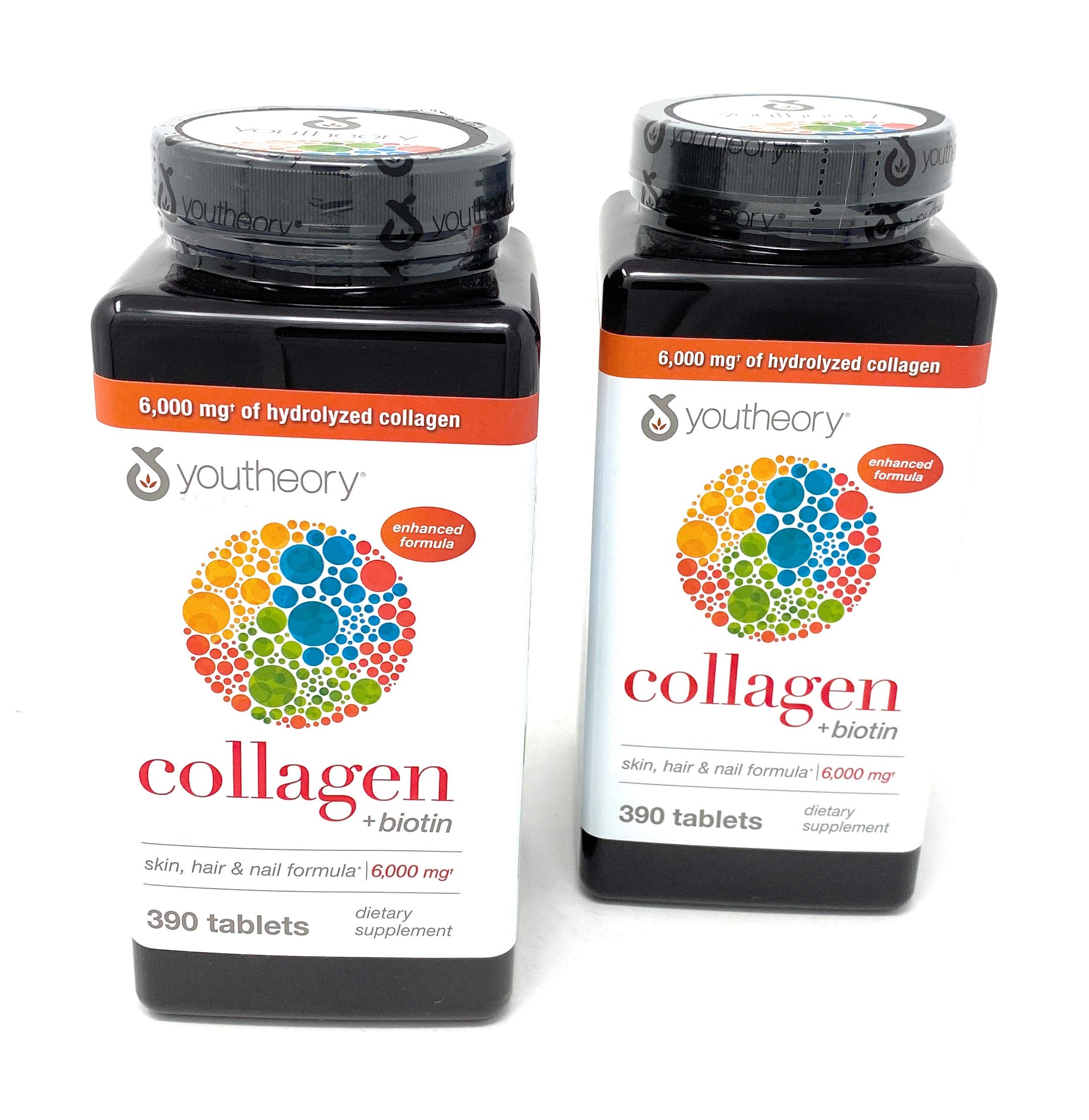 Primer plano de la botella Youtheory colágeno avanzado para cabello y uñas fortalecidas.