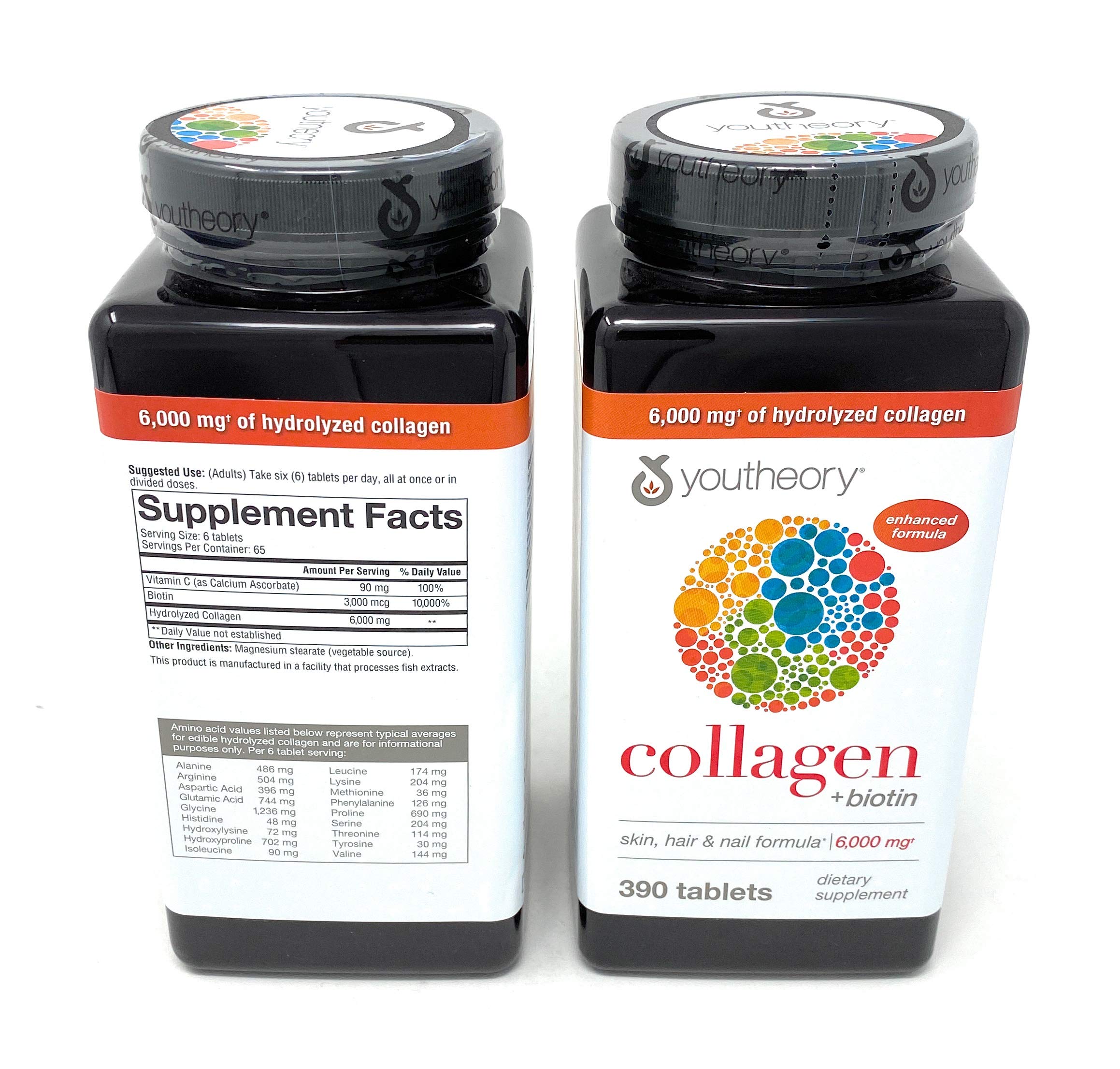 Etiqueta de Youtheory colágeno avanzado mostrando vitamina C y biotina para energía diaria.