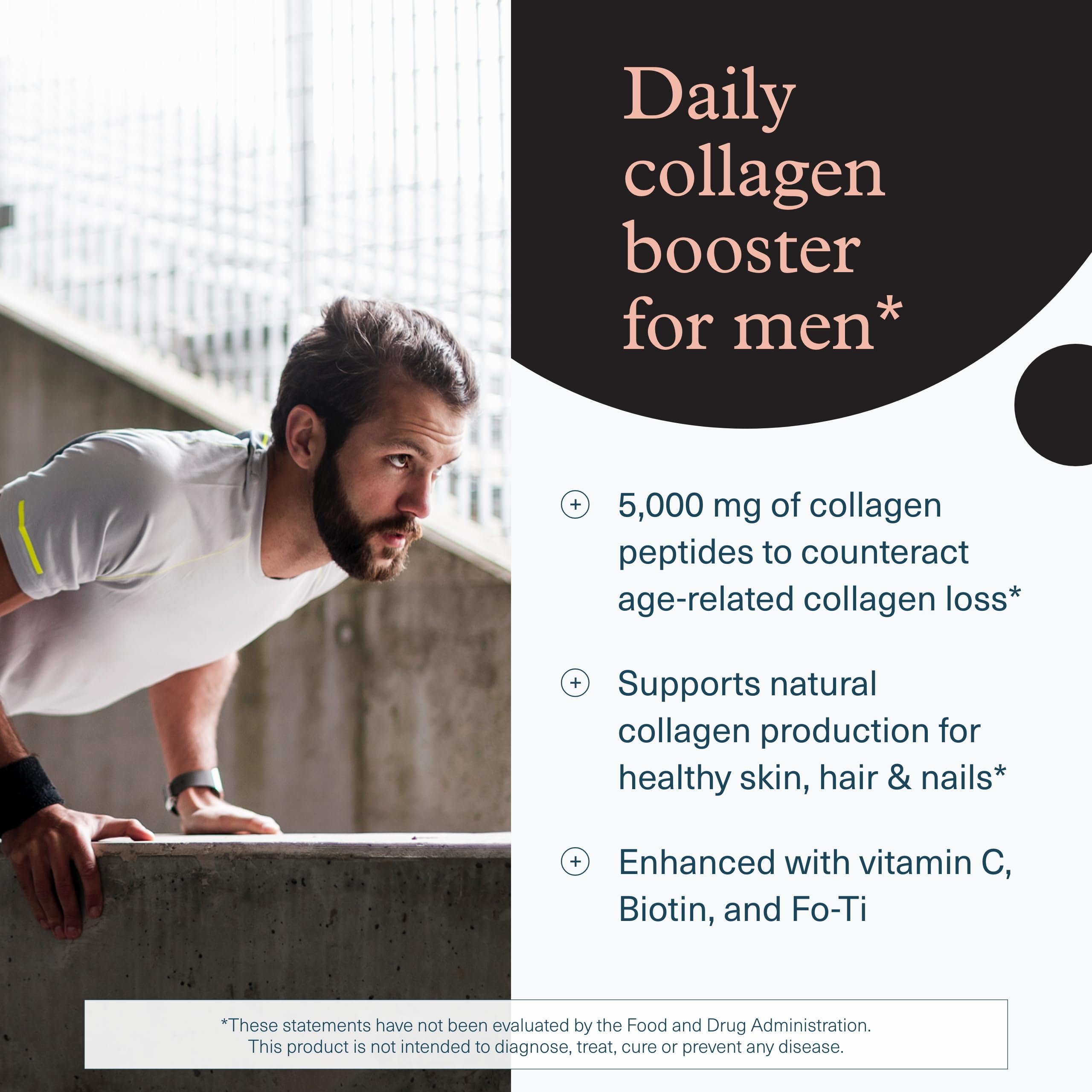 Tabletas de Youtheory Colágeno para Hombres listas para la toma diaria.