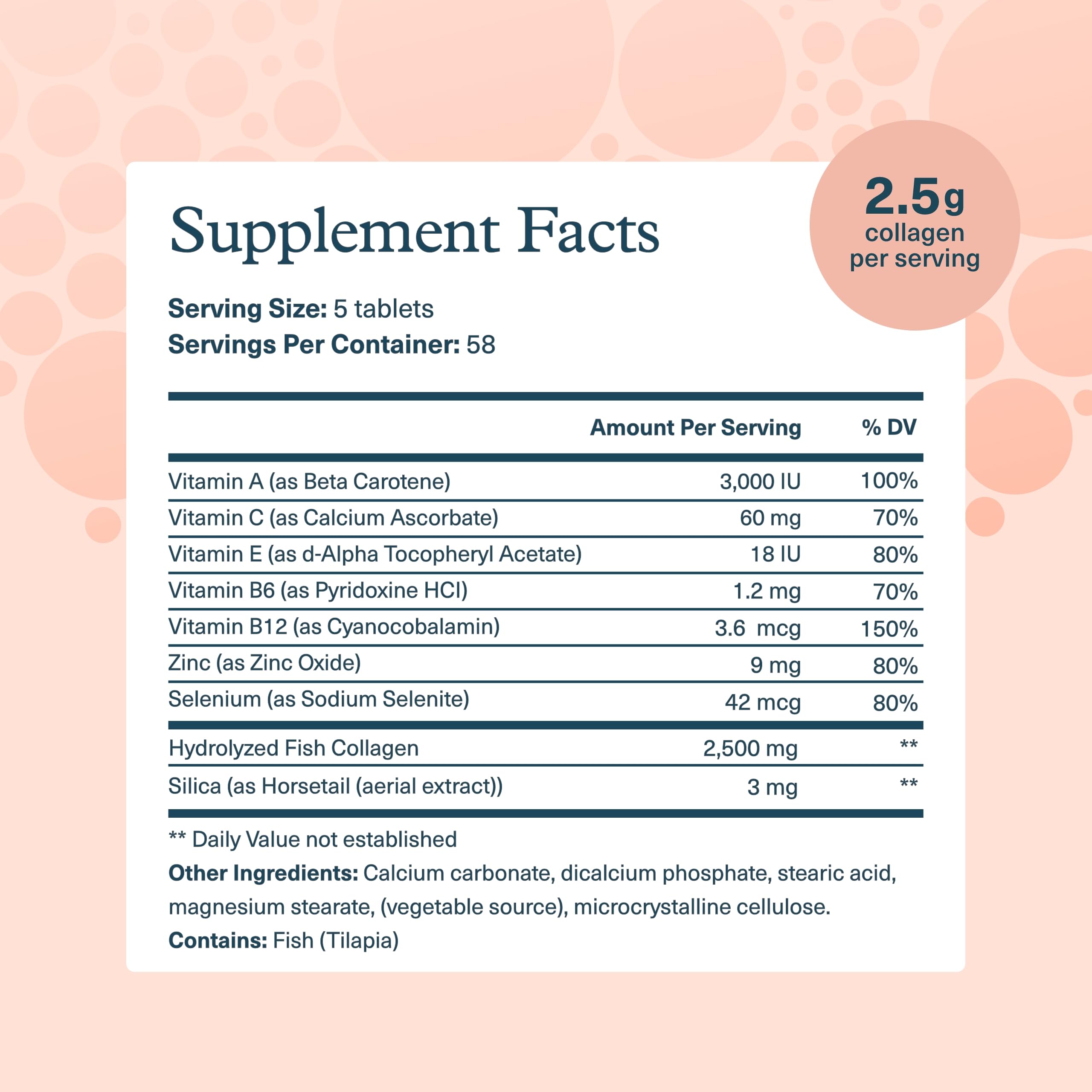 Etiqueta de Youtheory Colágeno Marino con ingredientes y vitaminas.
