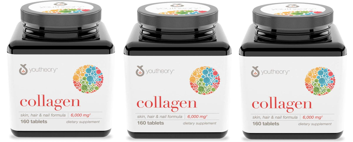 Youtheory Collagen Avanzado, paquete de 3, 160 tabletas, apoyo a piel y articulaciones.