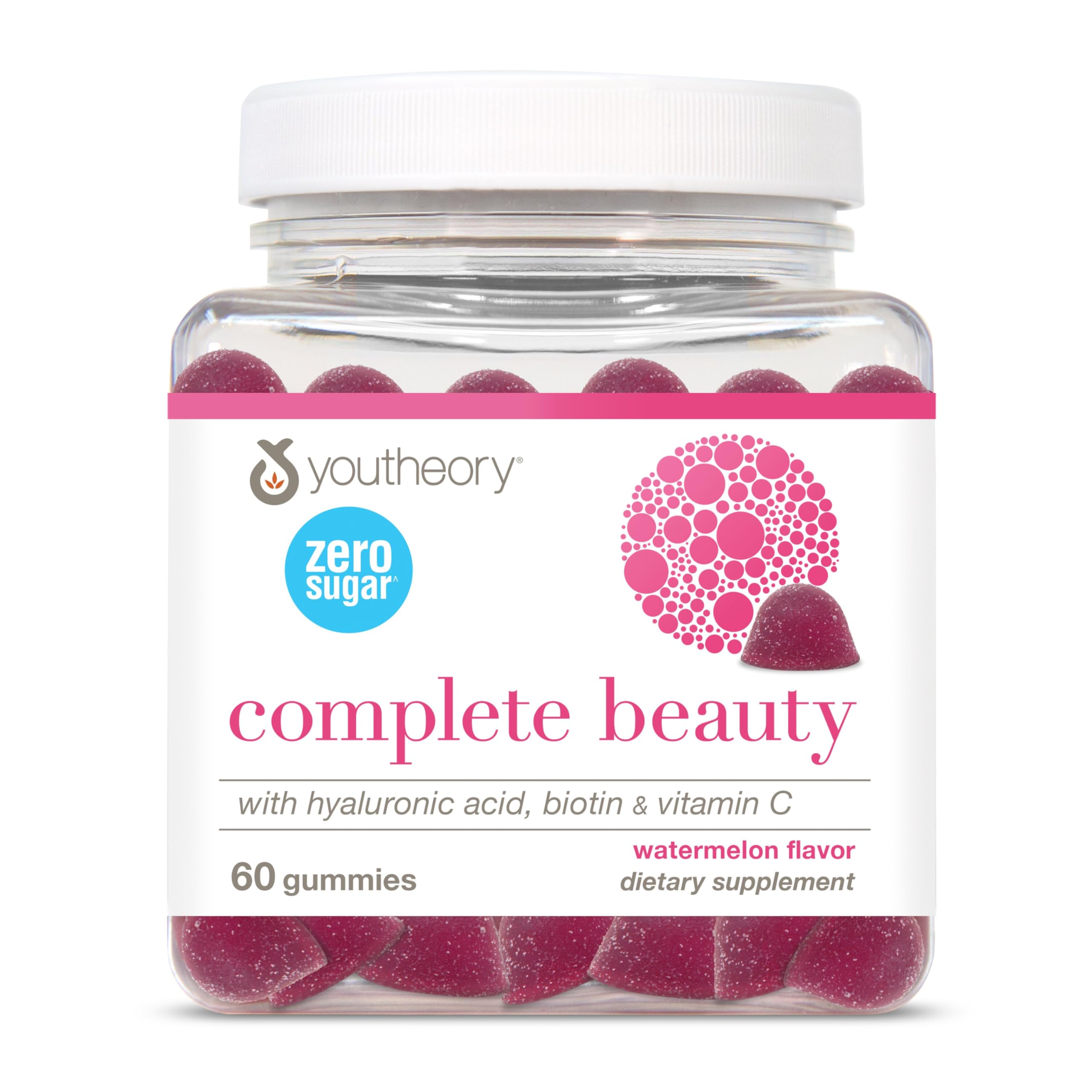 Youtheory Complete Beauty Gummies en botella, sabor sandía, apoyo a la hidratación de la piel