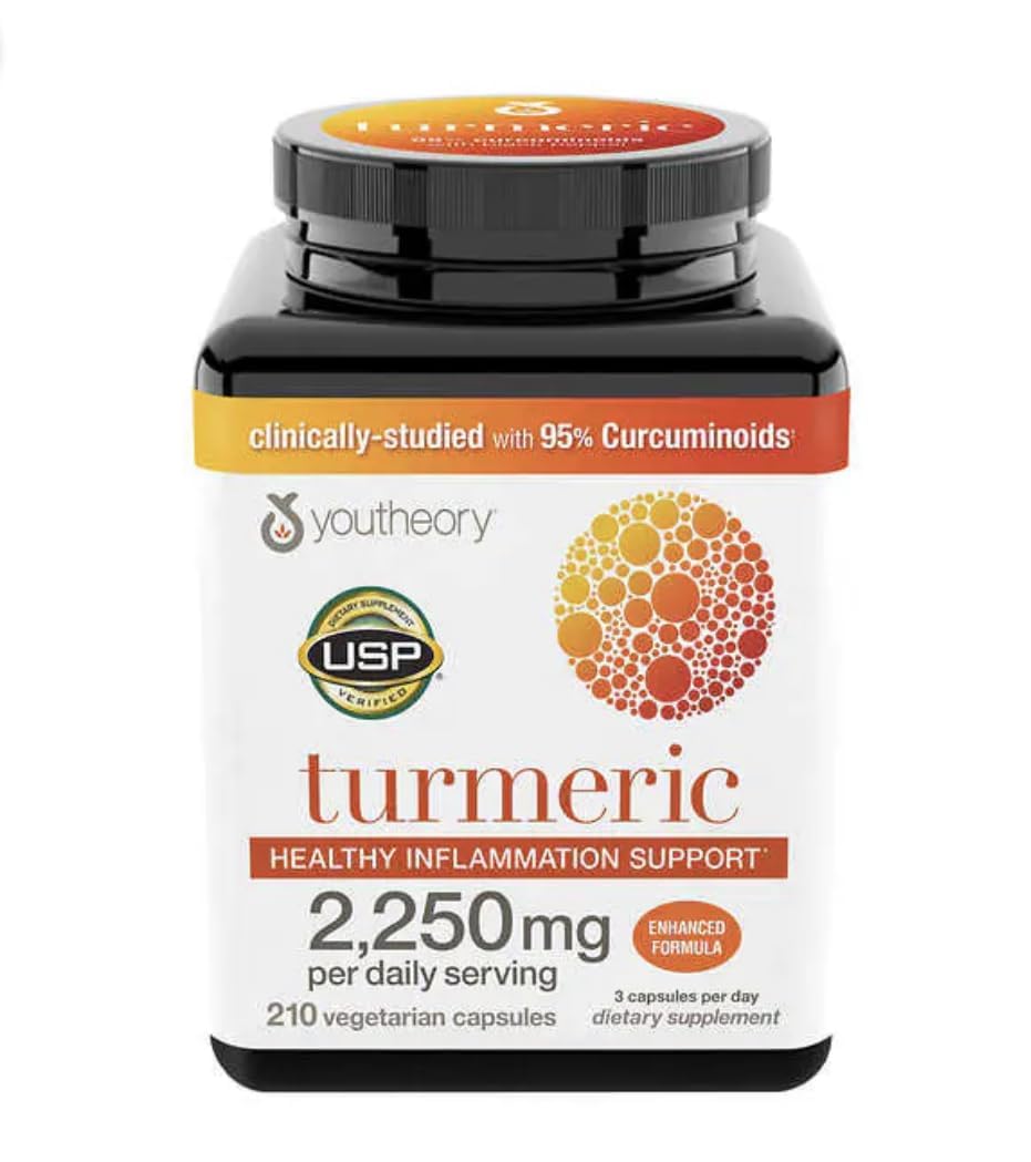 Youtheory cúrcuma botella con etiqueta, muestra la fórmula avanzada para apoyo a la inflamación.