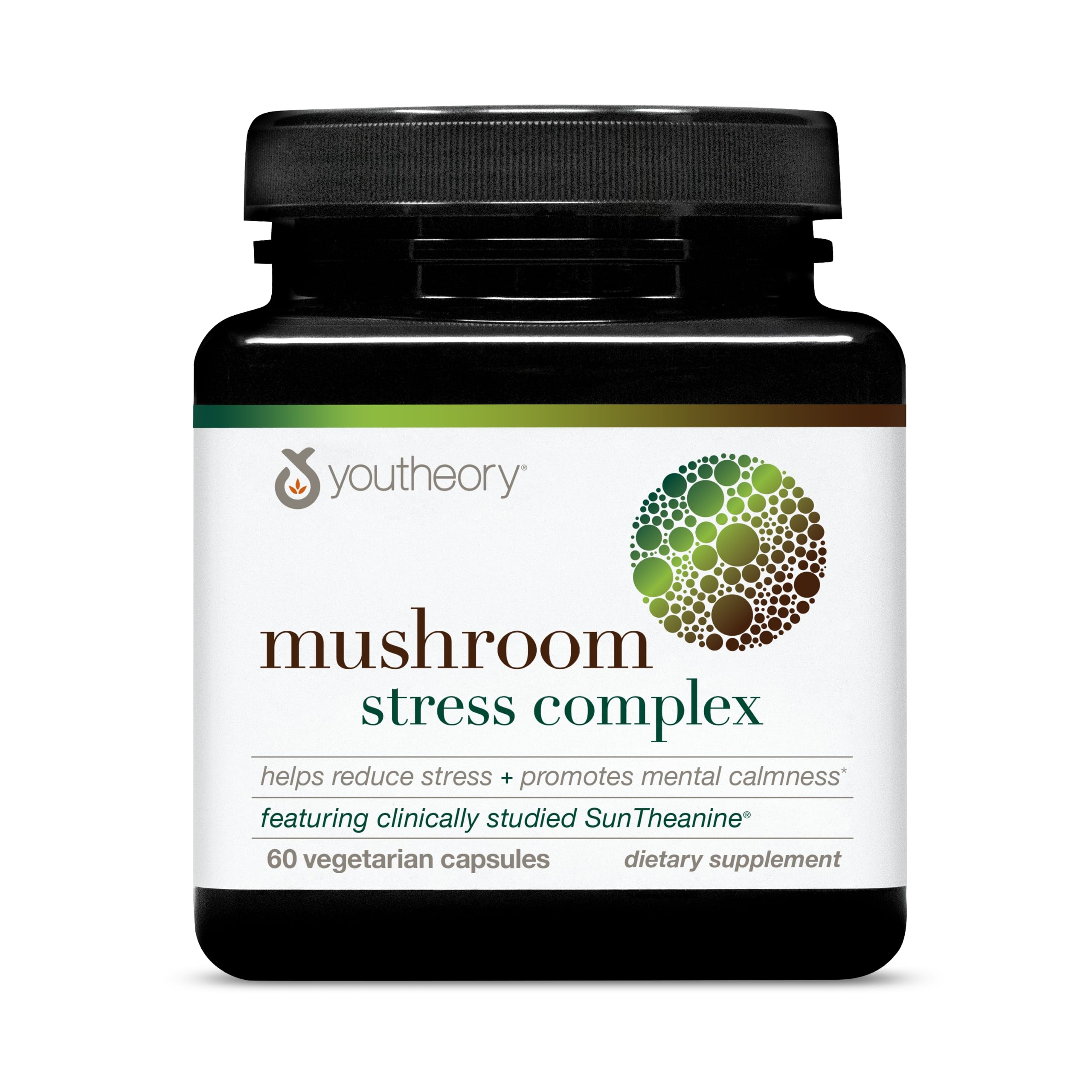 Youtheory Mushroom Stress Complex en envase, promueve claridad mental y calma suave.