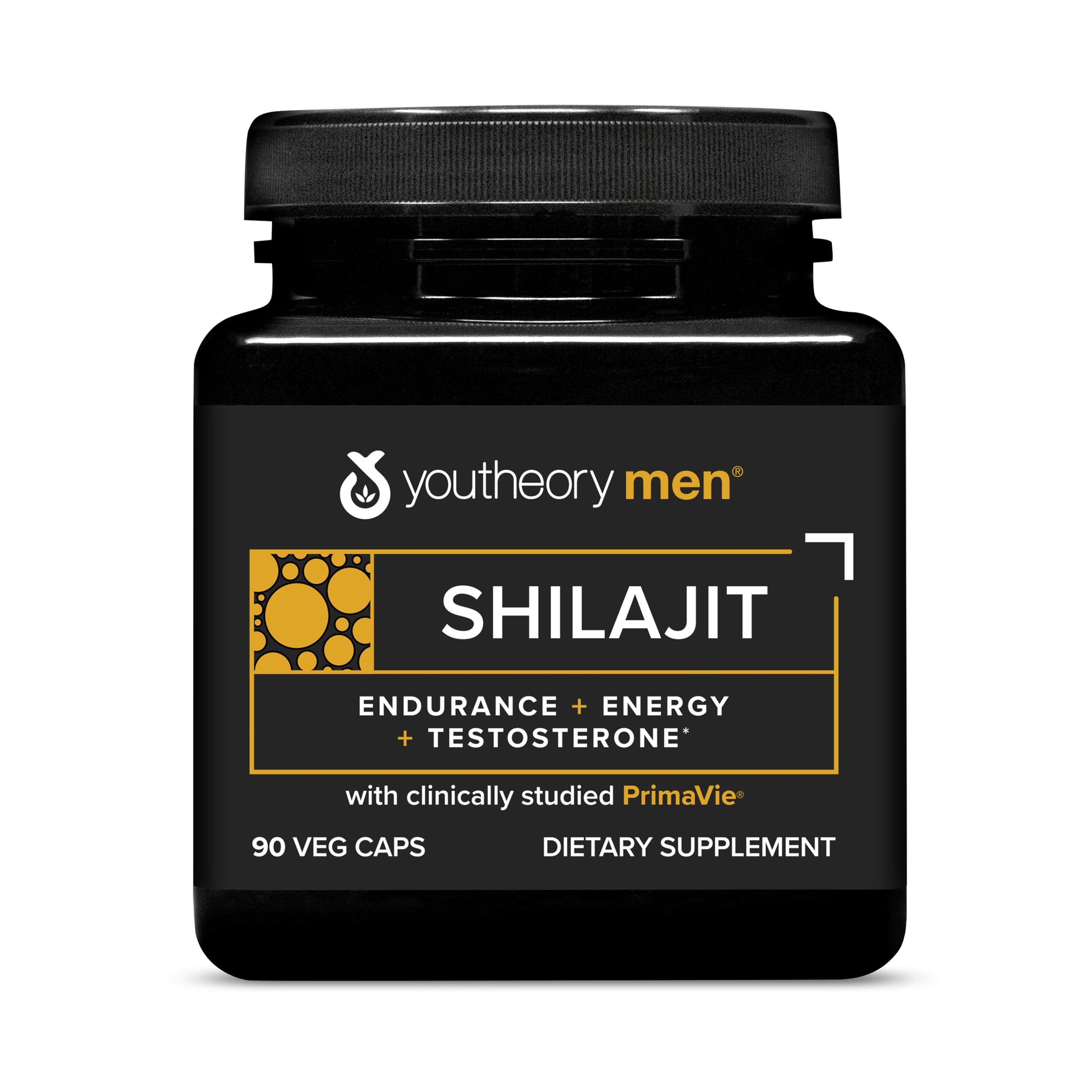 Youtheory Shilajit para hombres, botella de cápsulas y energía diaria.