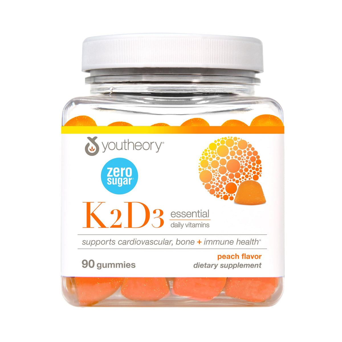 Gomitas Youtheory K2D3 sin azúcar en botella, apoyo para la salud ósea.