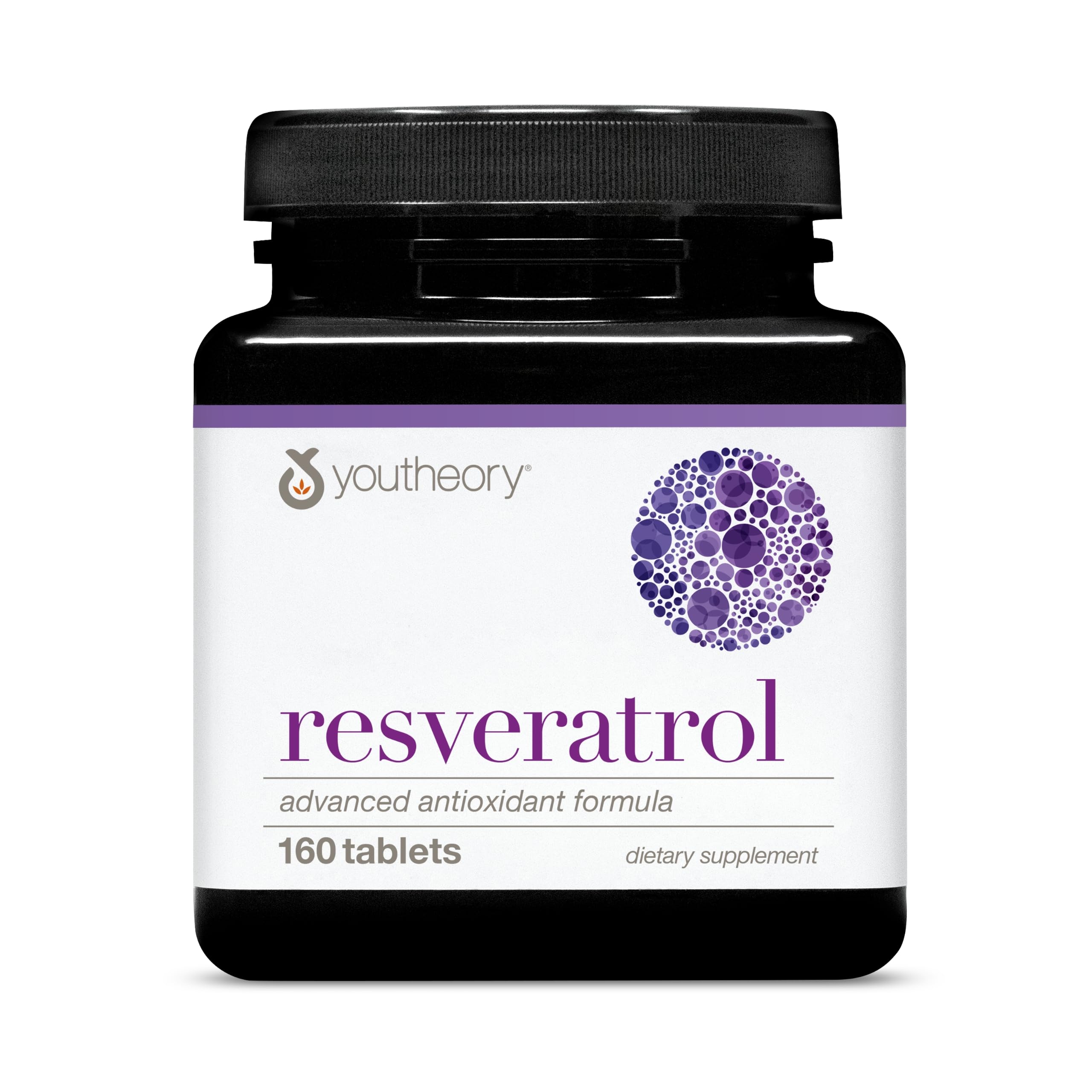 Youtheory Resveratrol Advanced en botella frontal; soporte antioxidante diario.