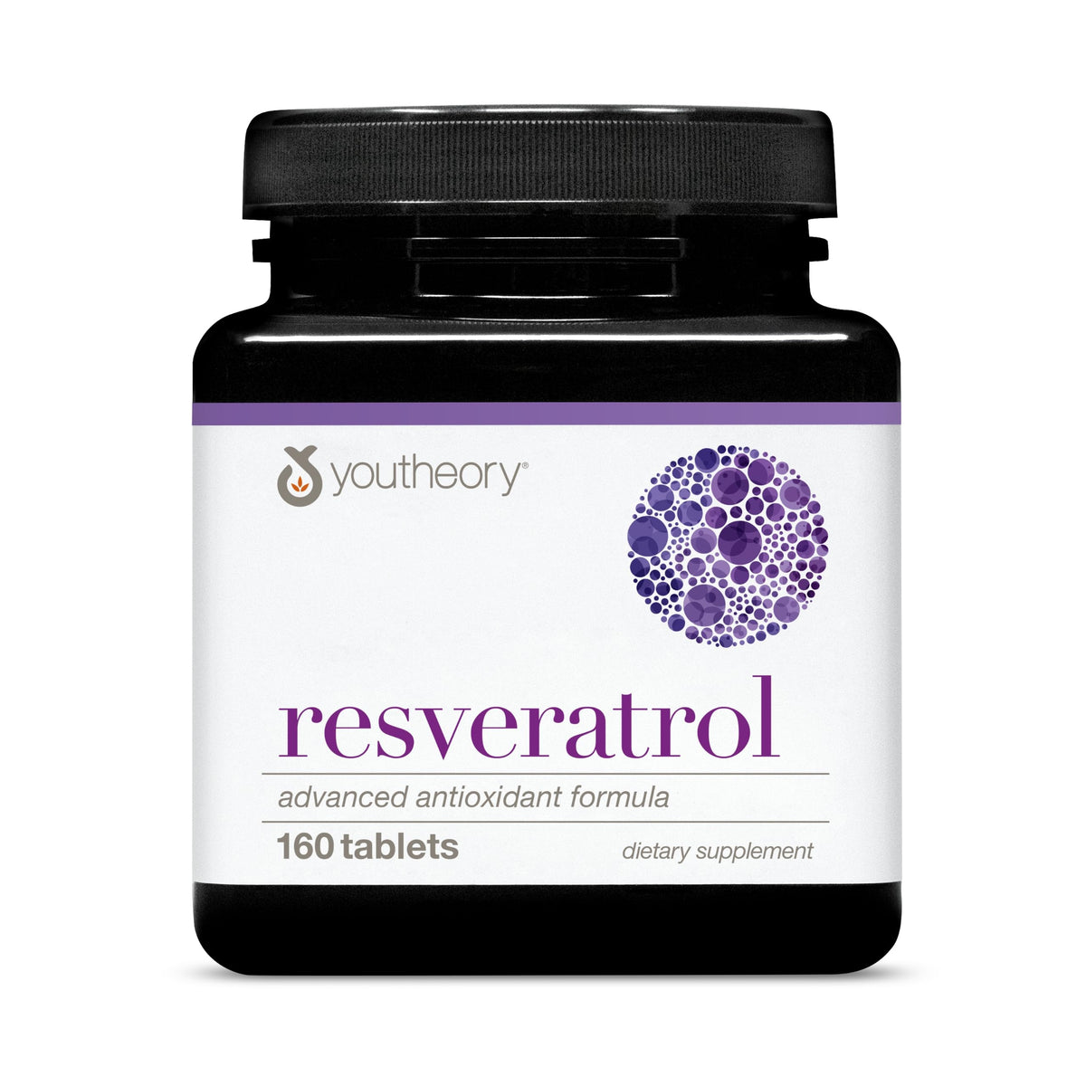 Youtheory Resveratrol Advanced en botella frontal; soporte antioxidante diario.